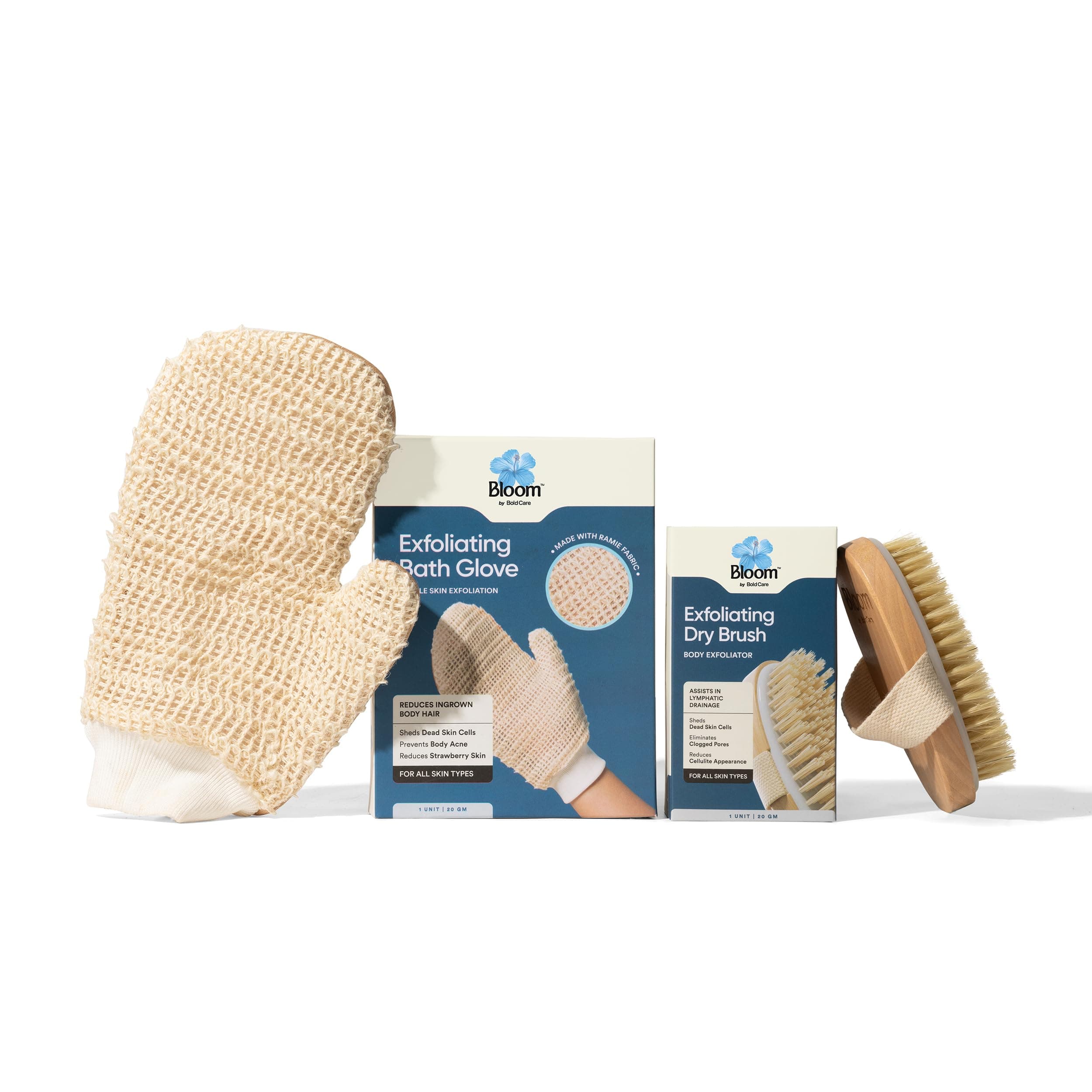 Bloom Dry Brushing Combo | 1 Oval Brush + 1 Bath Glove | For Skin Exfoliation | Manages Ingrown Hair, Strawberry Skin & Cellulite Appearance | Lymphatic Drainage & Body Massage