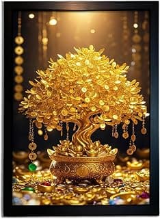 Money Tree Wall Art, Golden Fortune Tree Paintings, Wealth and Prosperity Artwork for Living Room Decor || Reliable and durable Wall Art || Stylish Photo Frame for Home & Office Decoration|| Best Gift Size 10 x 14 Inches (ISHAN)