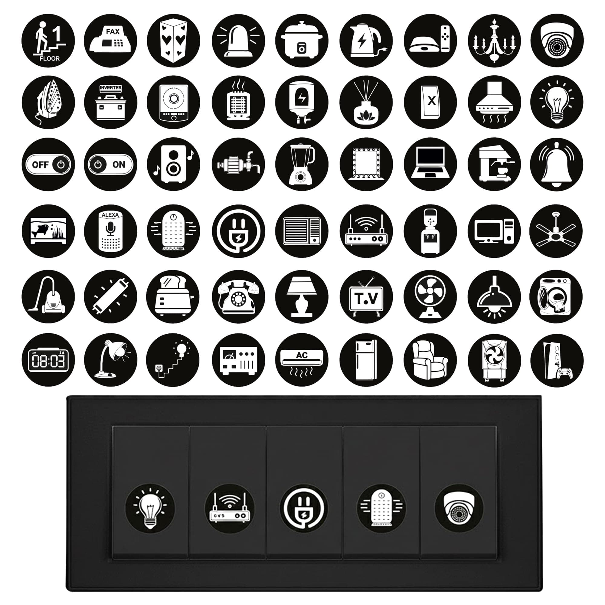 GLUN® 600 Switch Board Stickers with 60+ Icons (Obsidian White) | Decorative Switch Stickers for Home, Hotel & Office | Luxury Vinyl Self Adhesive Switch Covers for Lights, Fans & Appliances