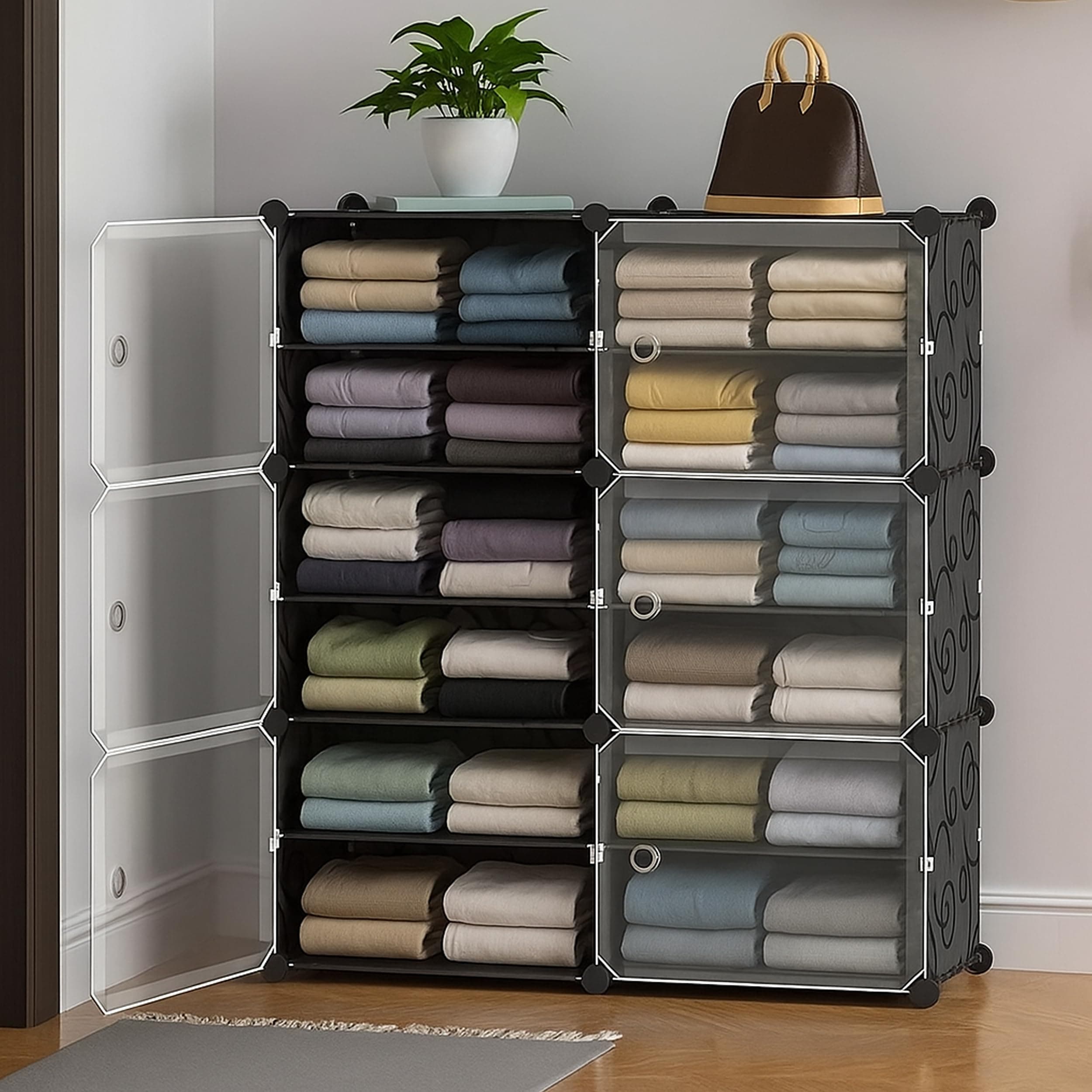 Zemic Plastic Wardrobe for Clothes : 𝟏𝟐 𝐒𝐡𝐞𝐥𝐟 ^ 𝟔 𝐃𝐨𝐨𝐫 Plastic Cupboard for Storage Organizer & Storage Box for Ideal for Neat and Tidy Storage Solutions Almirah for Clothes : 𝐁𝐥𝐚𝐜𝐤