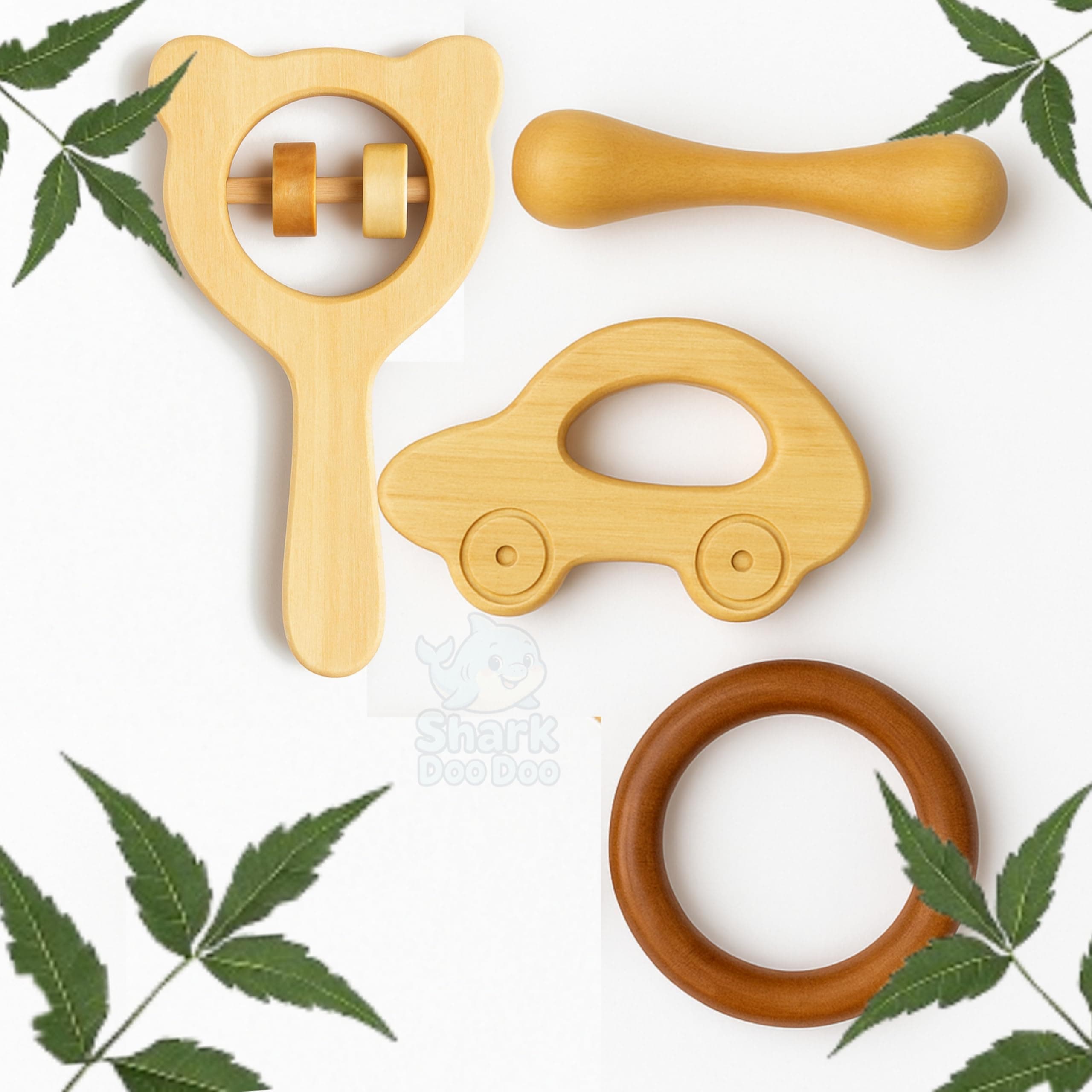 Shark Doo Doo® Neem Wood Baby Teether & Rattle Combo (Car, Rattle, Ring & Stick) | Organic & Handcrafted | Chemical-Free, Antibacterial Teething Toy for Babies