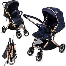 Infantso GlideX Premium Baby Stroller / Pram, Reversible Handle, One-Hand Fold and 360° Rotating Wheels, Travel Friendly, 5 Points Safety Harness, Extendable Canopy, Multilevel Recline, Adjustable Footrest, Easy Fold, Shock Absorption Wheels, for babies 0 to 3 years ( Golden Blue )