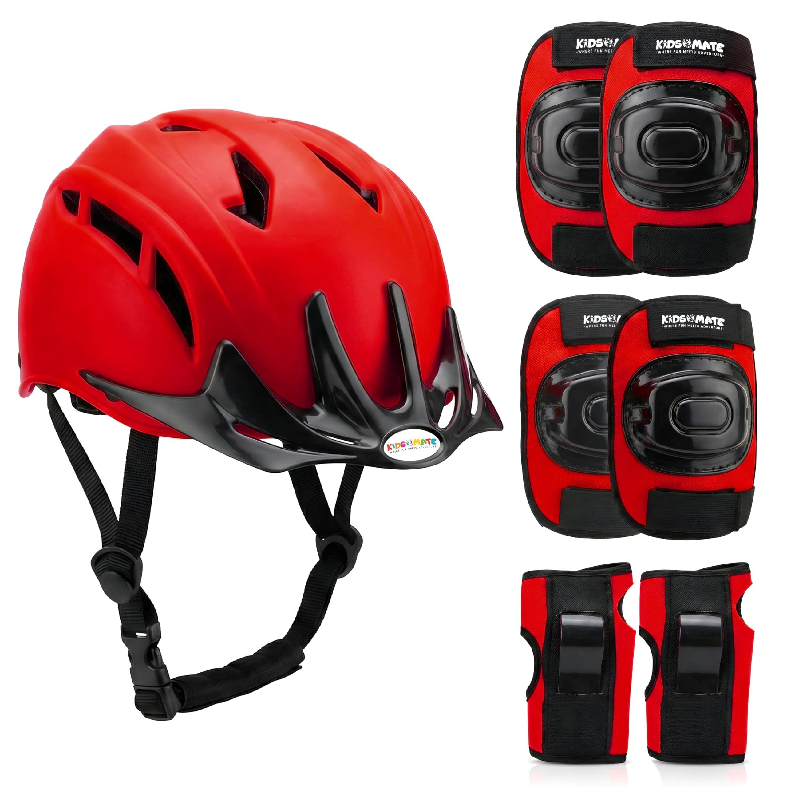 Kidsmate Sports Protective Gear Set for Boys & Girls | Kids Safety Guard Contains Helmet, Knee Pads, Elbow Pads & Wrist Guards | Ages 3-14 Years, Ideal for Cycling, Skateboarding & Scooters (Red)
