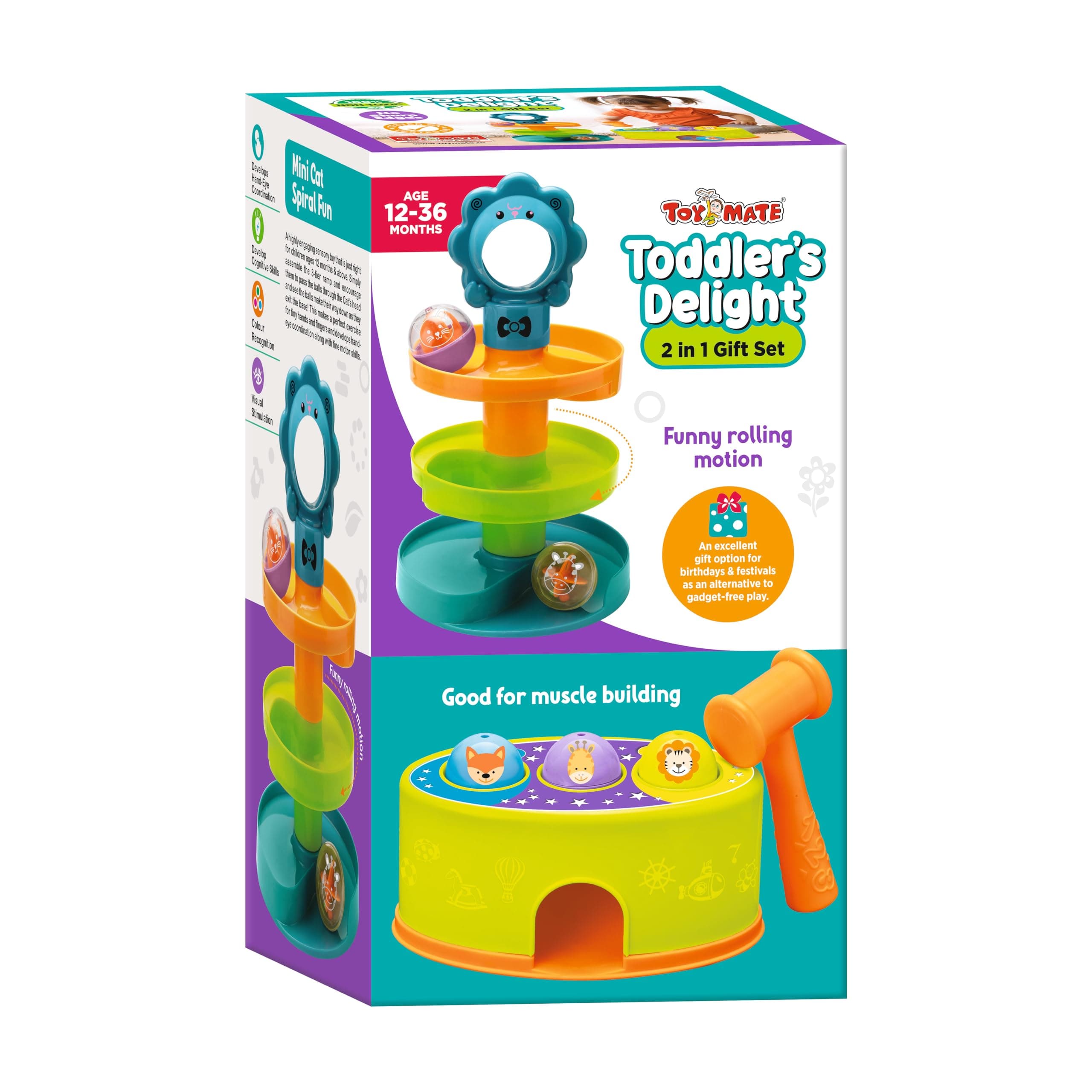 toymate Toddler’s Delight 2-in-1 Gift Set – Spiral Ball Ramp Tower & Pound-a-Ball Hammer Toy for Kids, Educational Baby Toy for 12-36 Months, Fine Motor Skill & Muscle Building Playset