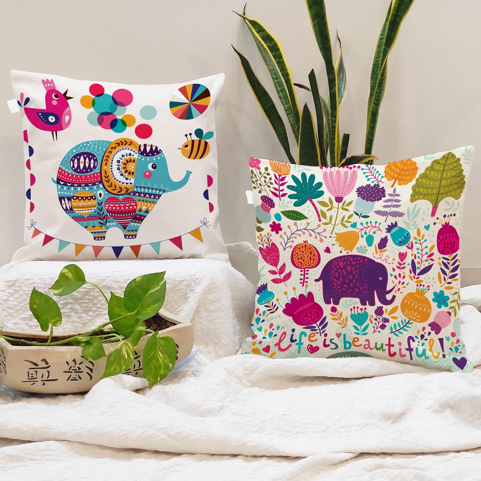 STITCHNEST Set of 2 Polycotton Cushion Covers – 16x16 Inches – Multicolor Elephant & Jungle Print – Playful Cushion Covers for Kids Room, Sofa & Living Room Decor