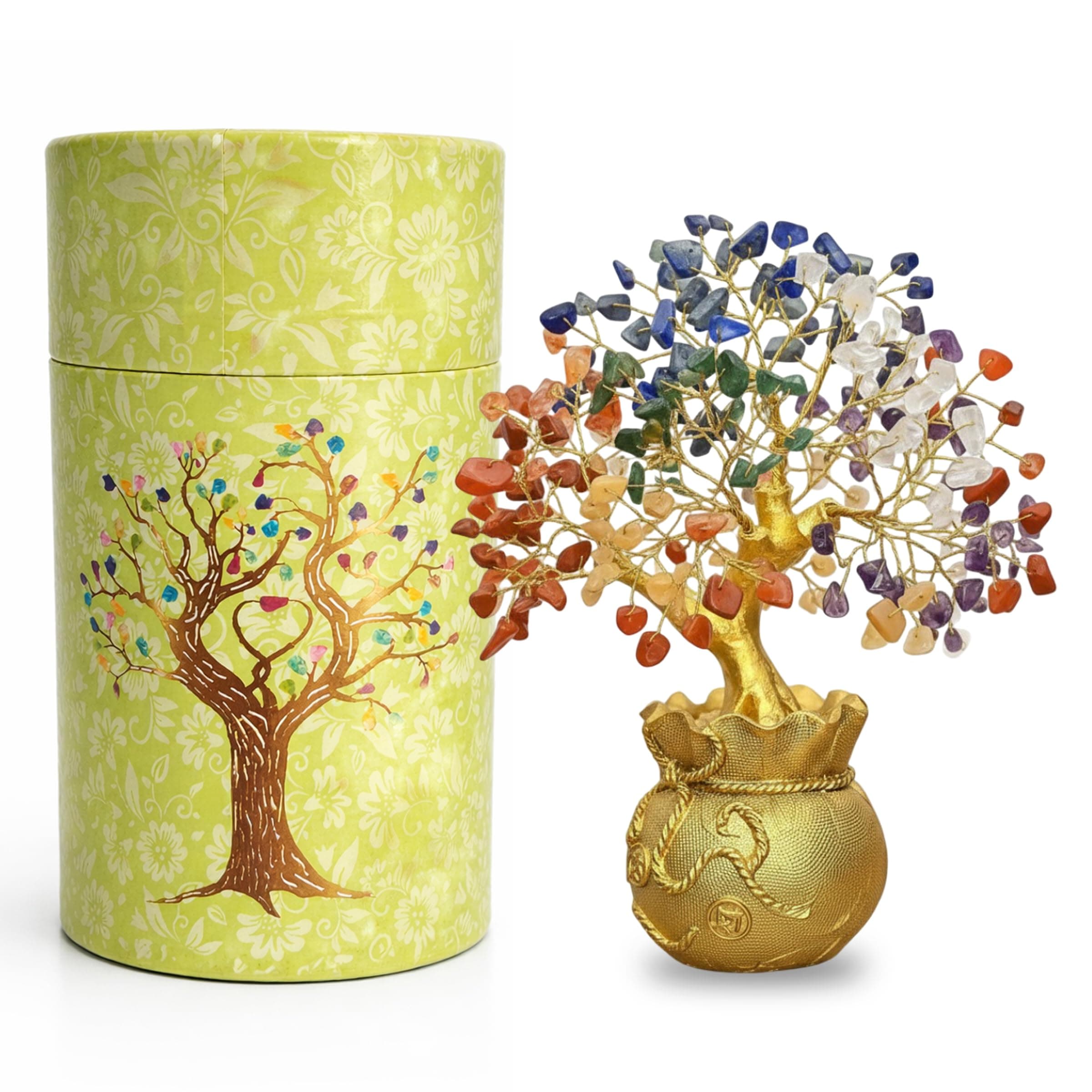 JD FRESH Feng Shui 7 Chakra Crystal Tree with Golden Money Bag Base/Natural Gemstone Decorative Showpiece Bonsai Tree for Home & Office Décor, Good Luck Diwali Gift, Wealth & Prosperity
