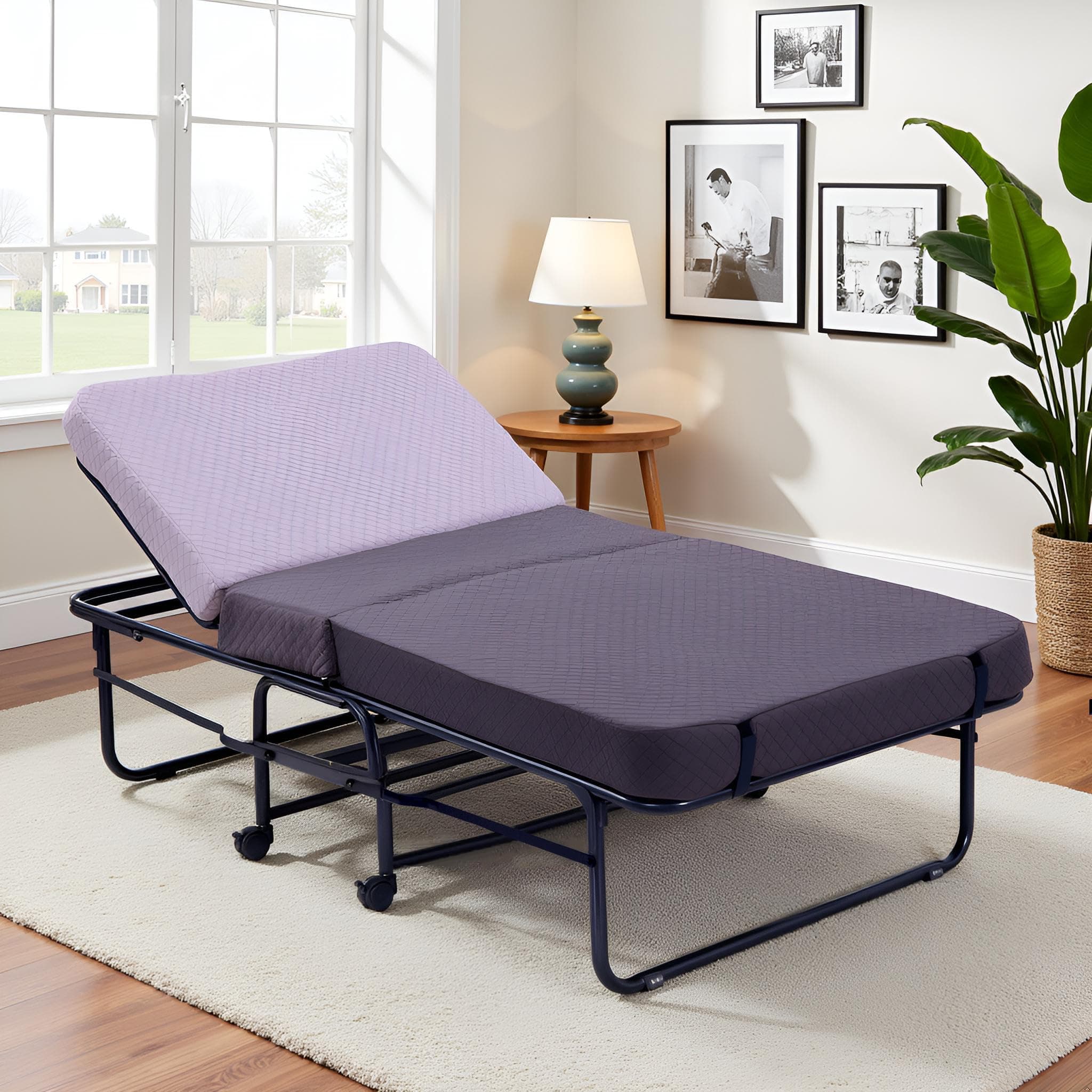 Spacecrafts® High-Density Recliner Folding Bed with Mattress | Portable Guest Bed, Space-Saving Lounge Cot | Compact Recliner Guest Bed | Metal Frame with Wheels (3 ft x 6.3 ft) (Brown & Ivory)