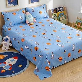 Story@Home Space Theme Kids Double Bedsheet 225x250 cm with 2 Pillow Covers | Cotton Feel 180 TC Soft Fabric | Space Blue Astronaut & Galaxy Design | Breathable & Skin Friendly