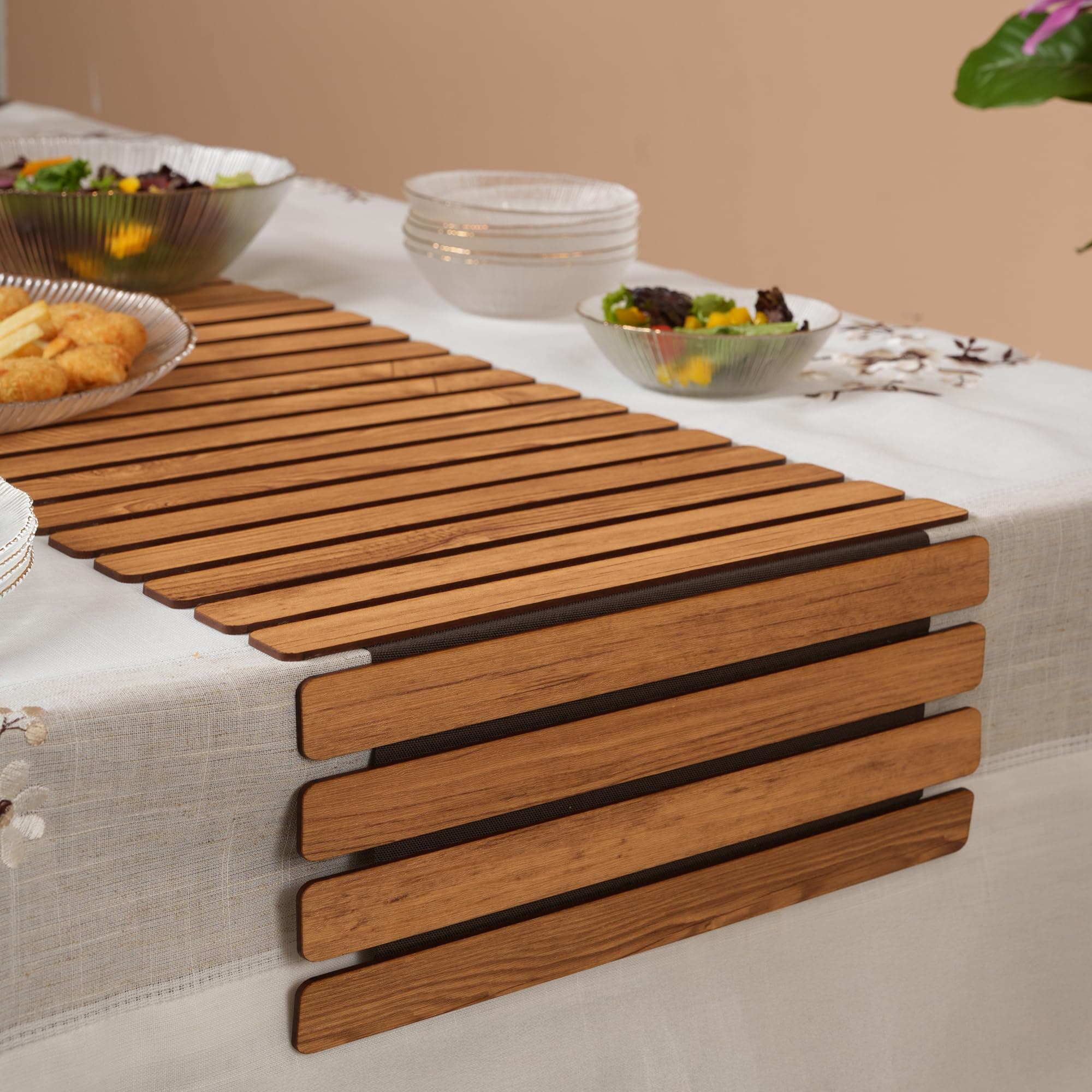 HOME 360 Modern Slat Table Runner | Decorative Finish MDF Slats with Intricate Cut-Out Patterns | Rollable Table Centerpiece for Dining Room, Kitchen | (TAN 3, 14X36 INCH)