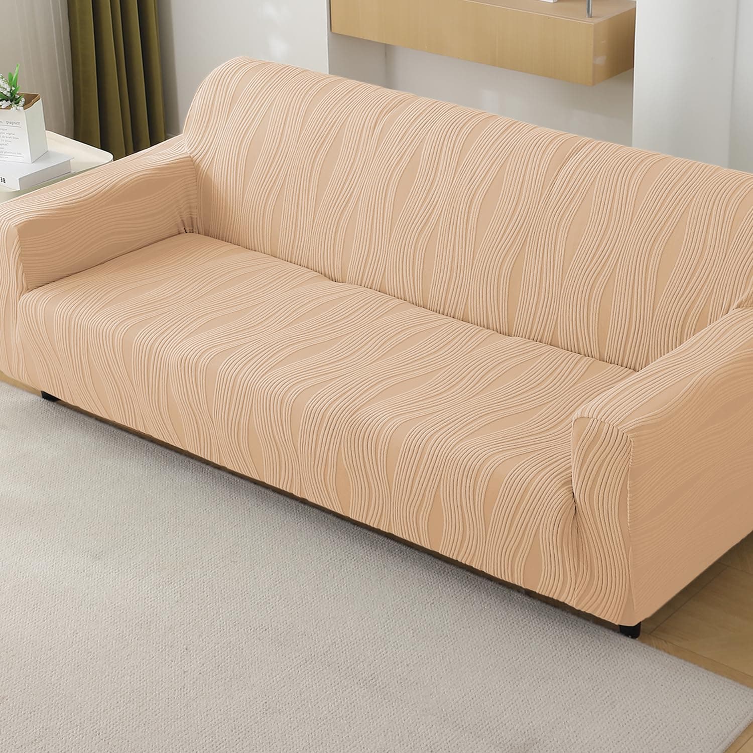 HOKIPO 200 GSM Premium Knitting Jacquard Sofa Cover 4 Seater Fully Covered, 'Nestiva Series' Blush Beige (NEW-AR-5310-BGE)