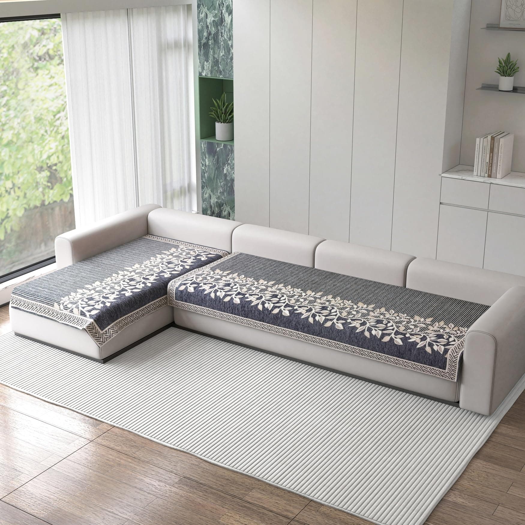 Nendle Superior Velvet Floral Sofa Mat 5 Seater Set Durable Protector for Living Room Mat 3 Seater and 2 Seater, Suitable for L Shape, Sectional and U Shape Sofa (Grey, Pack of 2)