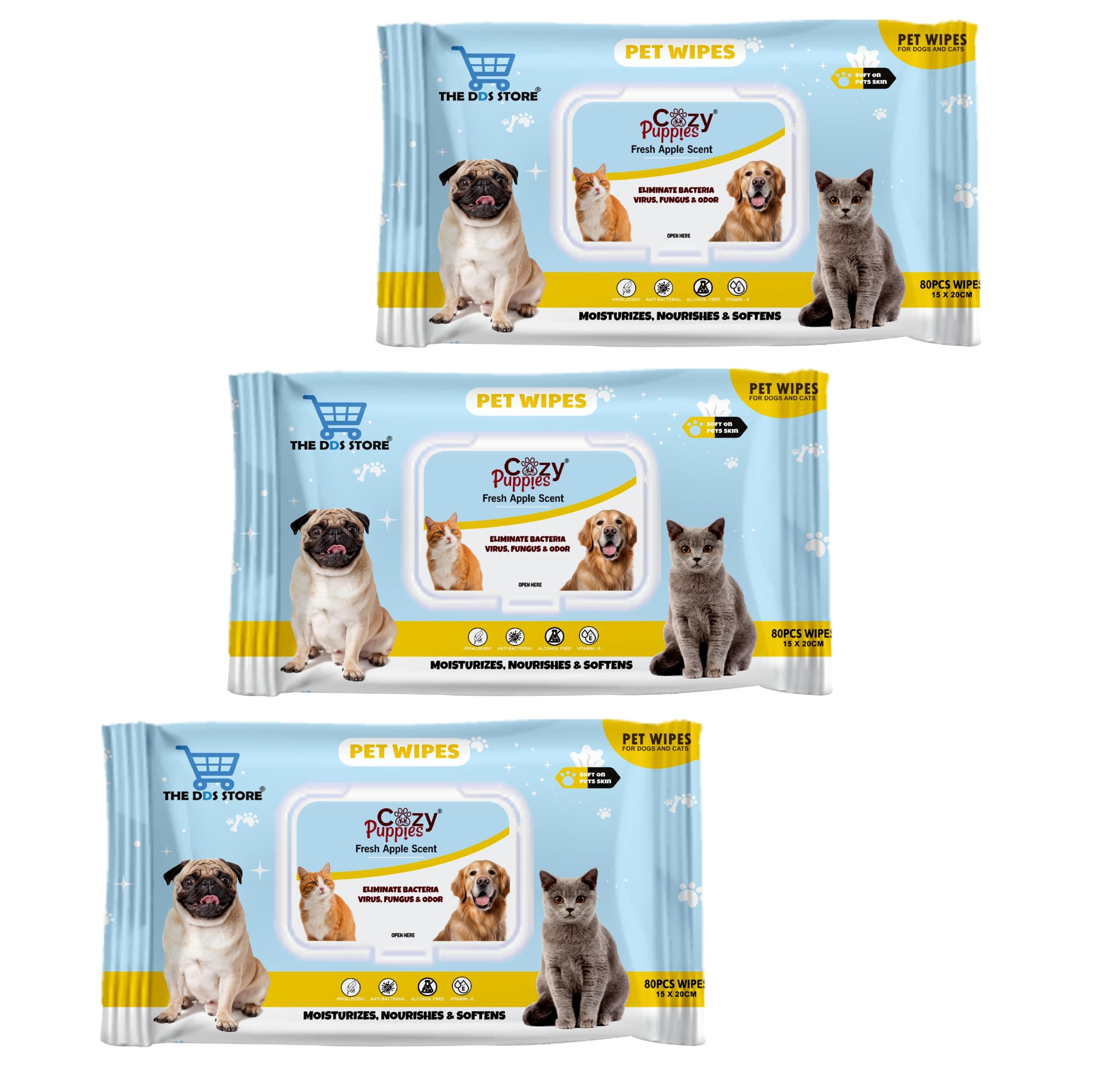 The DDS Store Wet Pet Wipes for Dogs, Puppies & Pets with Fresh Apple Scent 6"x 8" Pack of 80 Wipes (Pack of 3)