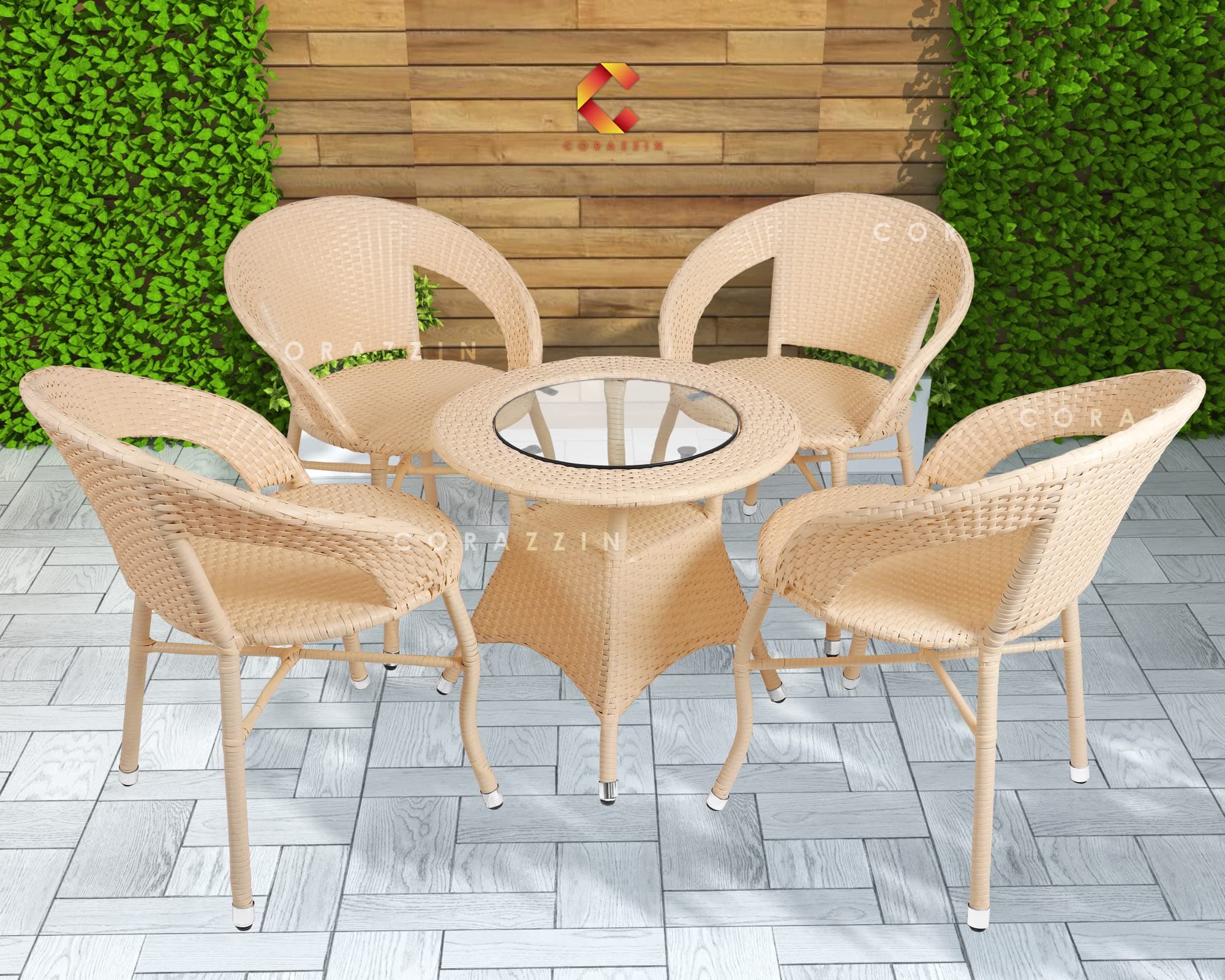 CORAZZIN Garden Patio 4 Seater Chair and Table Set Outdoor Balcony Garden Coffee Table Set Furniture with 1 Table and 4 Chairs Set- (Cream) HDPE Rattan UV