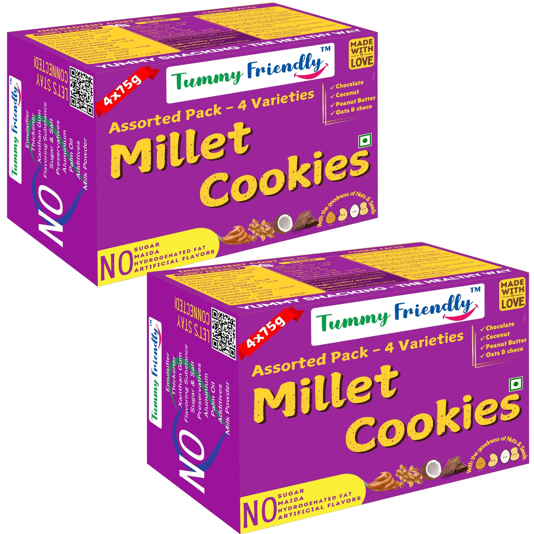 TummyFriendly Foods Millet Cookies for Kids Adults. Millet Healthy Biscuits, Ragi and Jaggery. Healthy Snacks for kids Babies 1 Year Old. Gift the Best Healthy Cookies - Assorted - 8x75g (600g)