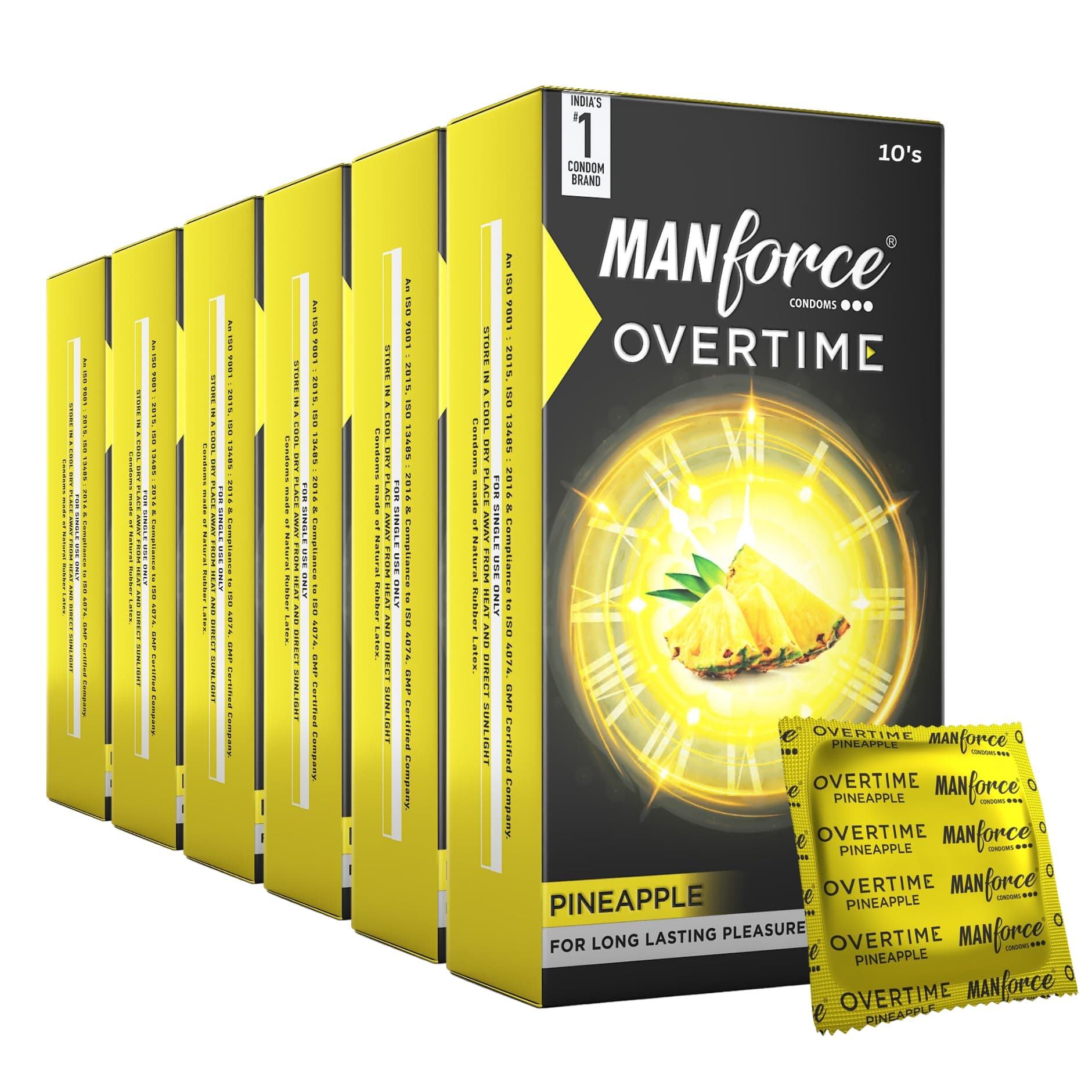 Manforce Overtime Pineapple Flavoured Condoms for Men| 3-in-1 Ribbed, Contoured, & Dotted for Extra Stimulation| Long-Lasting Pleasure | Lubricated Latex Condoms 10 Pcs x Pack of 6