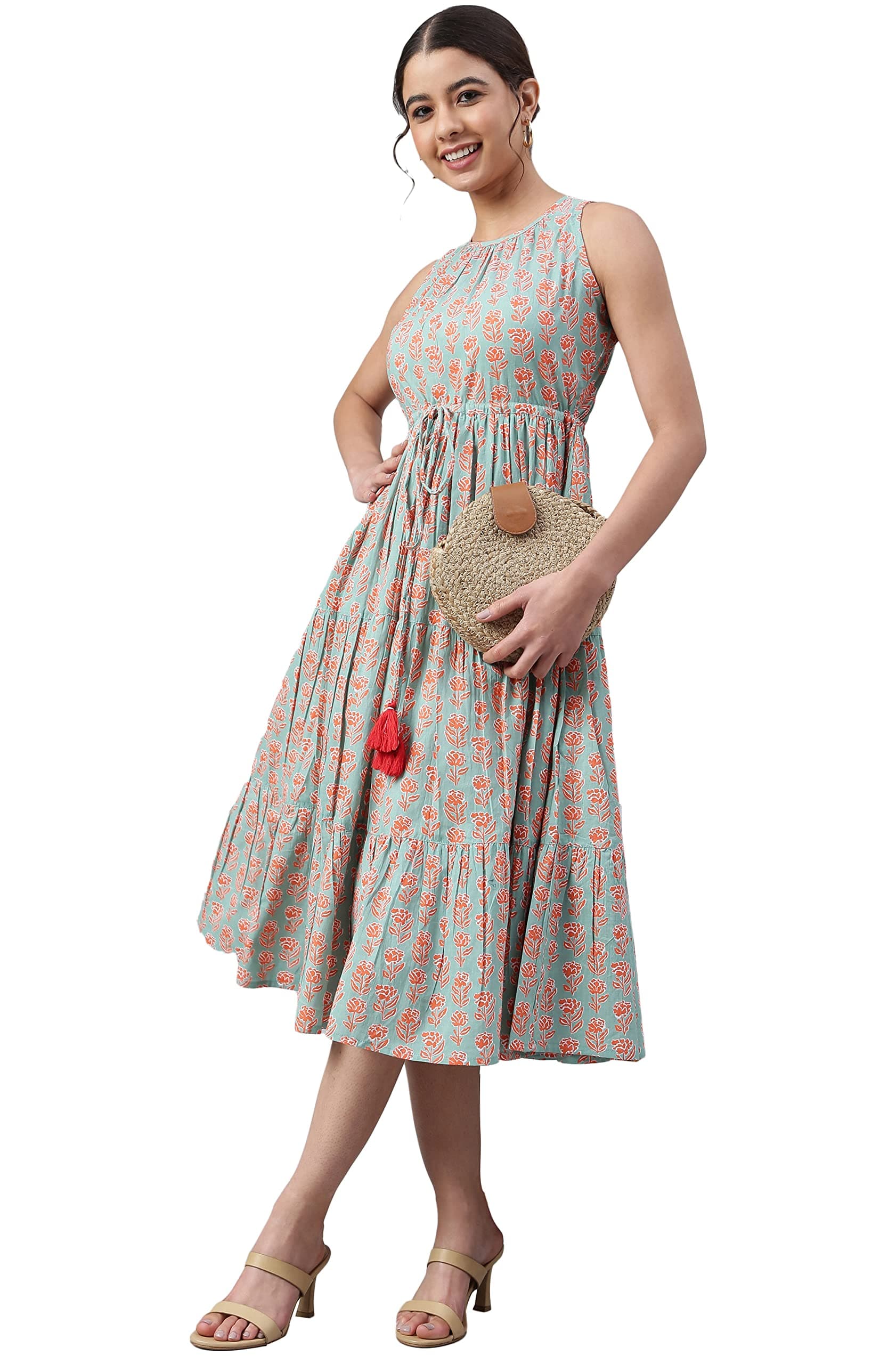 Janasya Women's Mint Green Cotton Floral Block Print Tiered Western Dress