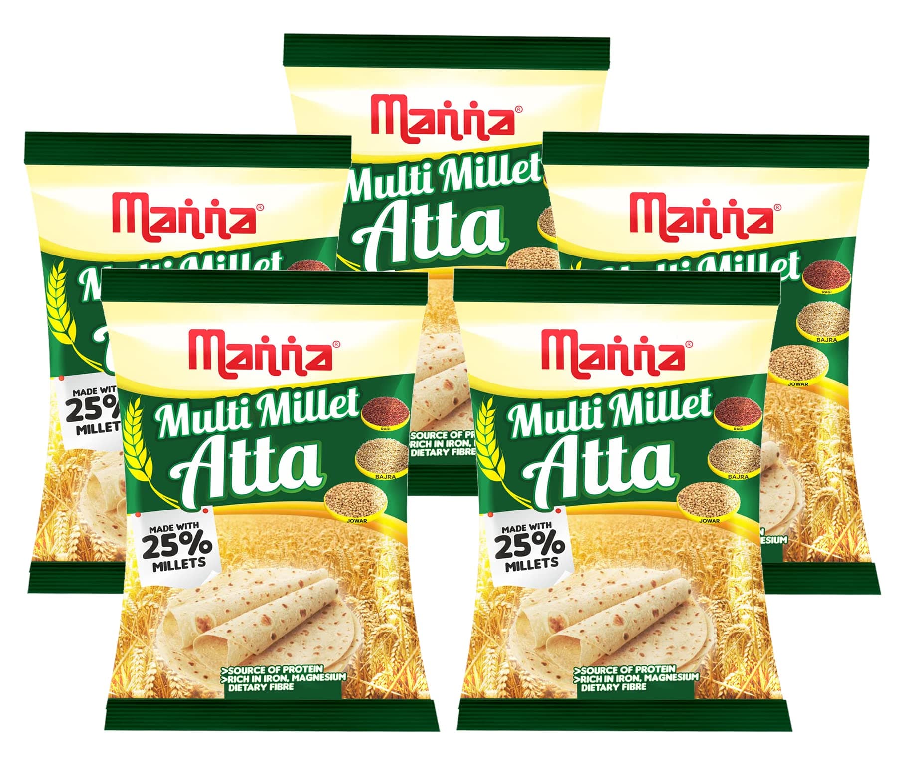Manna Multigrain Atta/Multi Millet Atta 5Kgs (with millets Flour) | Certified Low GI Wheat Flour with 25% Millets | High Protein & Fibre | Diabetic Friendly (5 X 1Kg Packs)