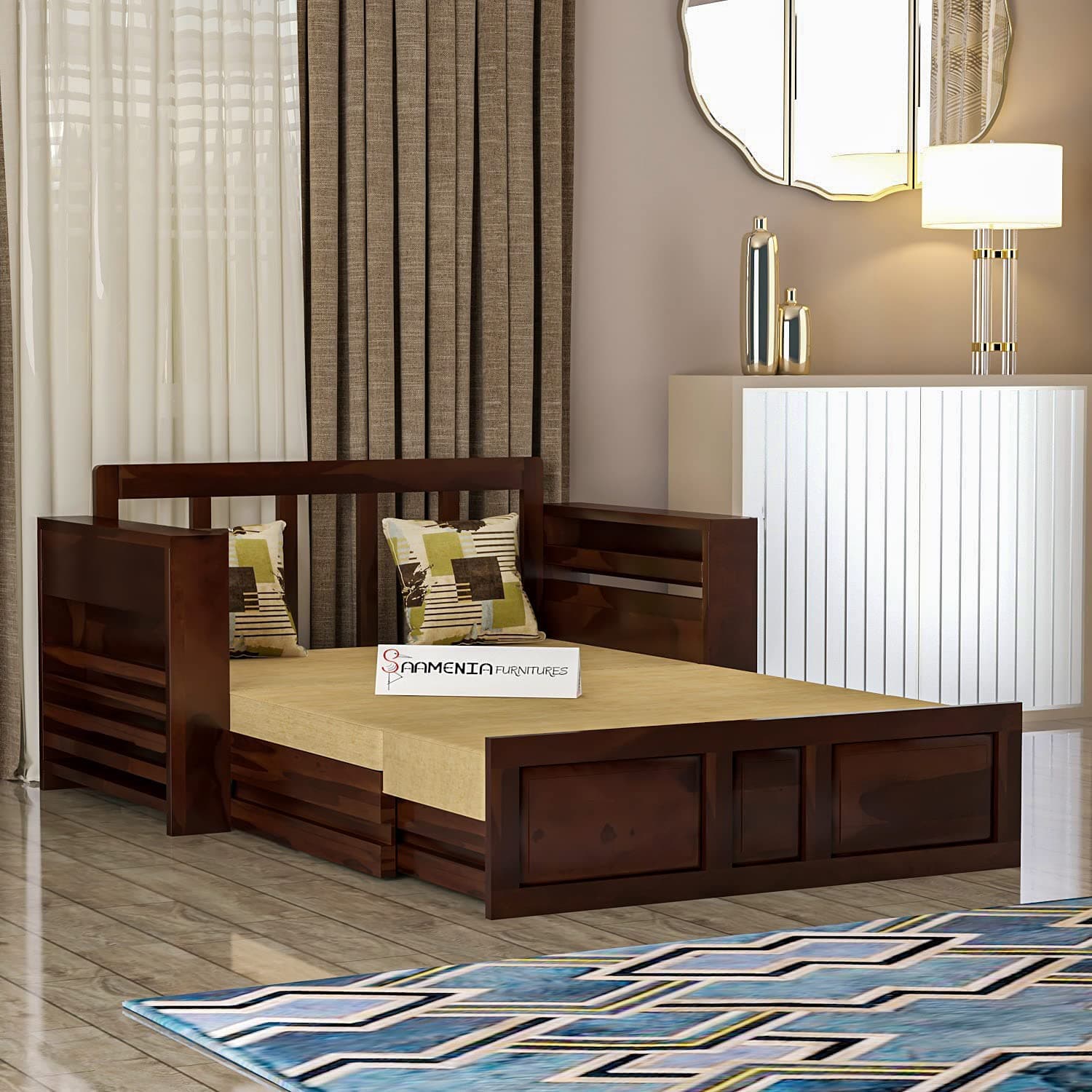 Mamta Furniture Solid Wood Foster 2 Seater Sofa Cum Bed for Living Room | Two Seater Queen Size Sofa Bed for Home | Sofa Com Bed | Sheesham Wood Walnut