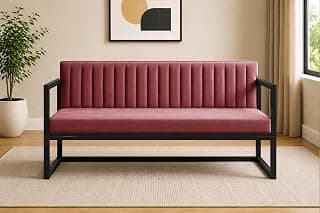 Metal Sofa Cum Bed for Living Room | Modern Industrial Design Metal Frame 3 Seater Sofa Bed for Home, Office & Lounge-Rose Pink