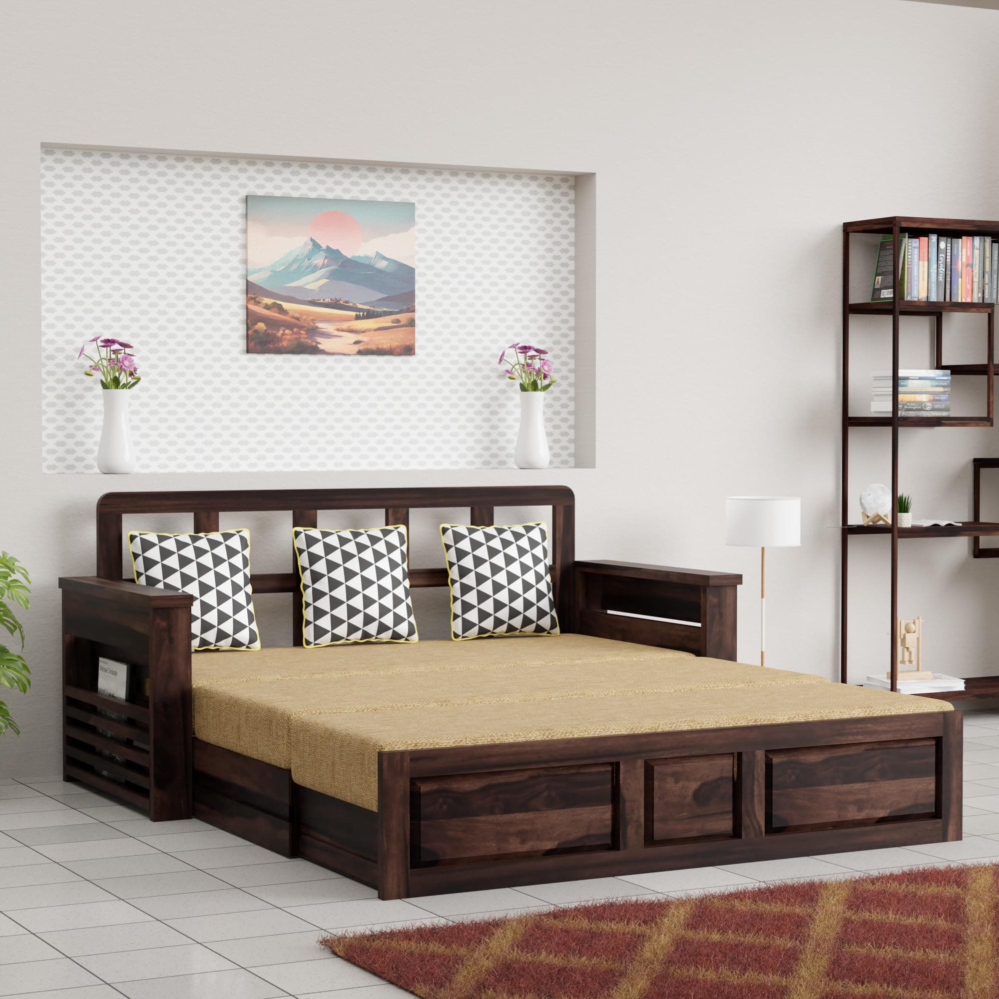 Krishna Wood Decor Solid Sheesham Wood Convertible 3 Seater Sofa Cum Bed with Headboard and Storge Armrest, Folding Double Bed with Mattress for Home Living Guest and Office Areas, Walnut