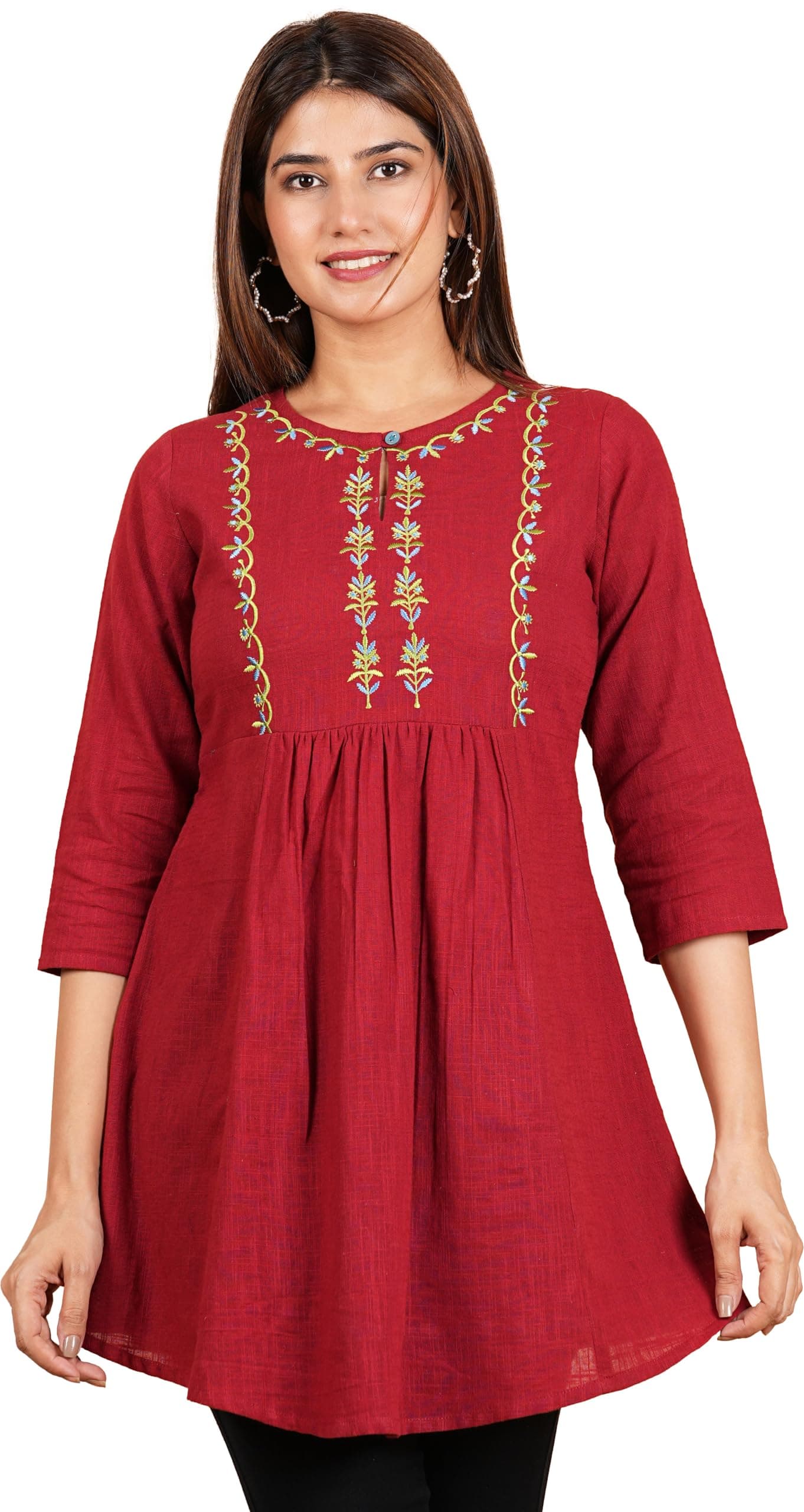 Yash Gallery Women's Cotton Mid Thigh Length Embroidered 3/4th Sleeve Keyhole Neck Regular Fitted Short Kurti