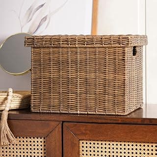 PURE HOME + LIVING Light Brown Resin Wicker Multipurpose Storage Box With Lid, Wicker Basket For Modular Kitchen, Wicker wardrobe basket for storage, cloths, newspapers, toys 35.5cm x 30.4cm x 25.4cm