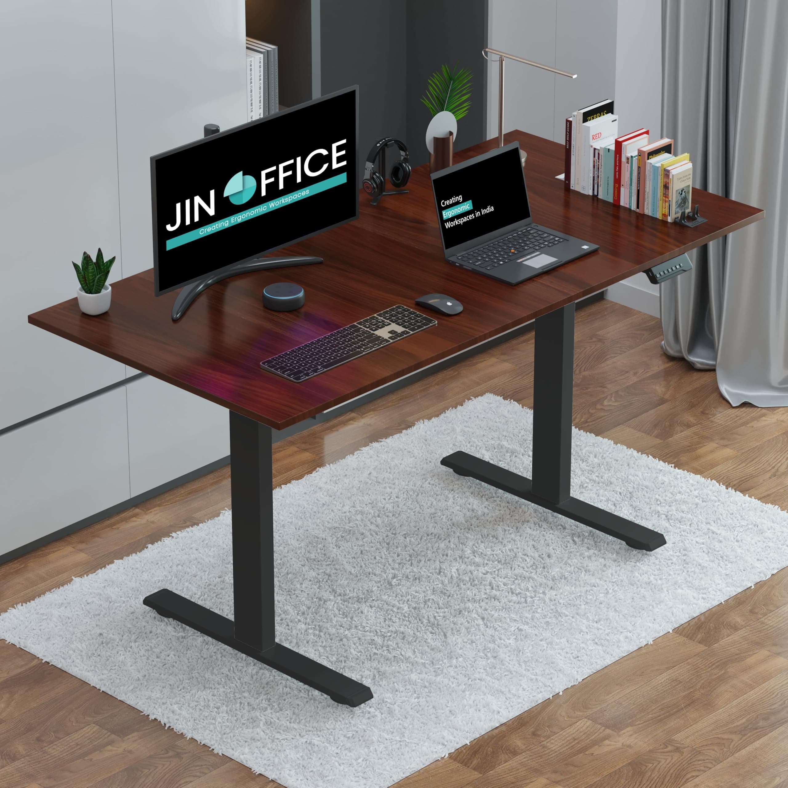 JIN OFFICE Zenith Electric Height Adjustable Table| Standing Desk with 100 Kg Wt. Capacity & 3 Year Warranty| Ergonomic Desk| Sit Stand Table with 3 Memory Preset| Black & Brown|1500X750mm/25MM Thick