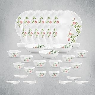 La Opala Opal Glass Crockery | for Family of 6 | Dinner Set 35 pcs Rose Garden | Plates & Bowls for Dining | Microwave Safe | 100% Vegetarian | Extra Strong | Extra Light & White