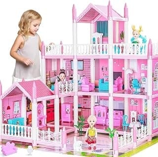 Doll House Dreamhouse for Girls, Princess House with 3 Doll Figures, Lights, Furniture & Accessories, DIY Dreamy House for 3 4 5 6 7 8 Years Old Boys Girls