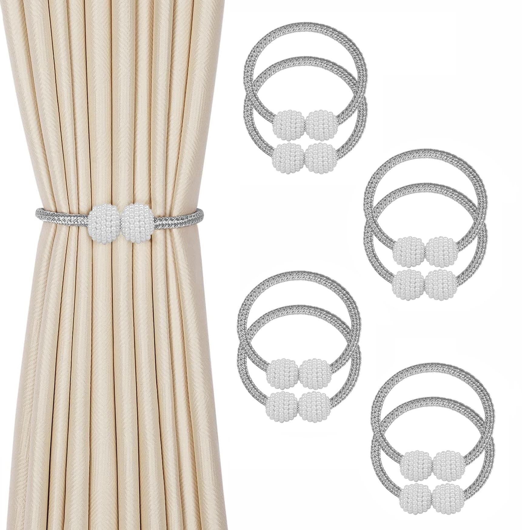 INOVERA (LABEL) 8 Pieces Magnetic Curtain Tiebacks - Decorative Windows Curtain Tie Rope - Drapery Holdbacks for Home, Office (Grey)
