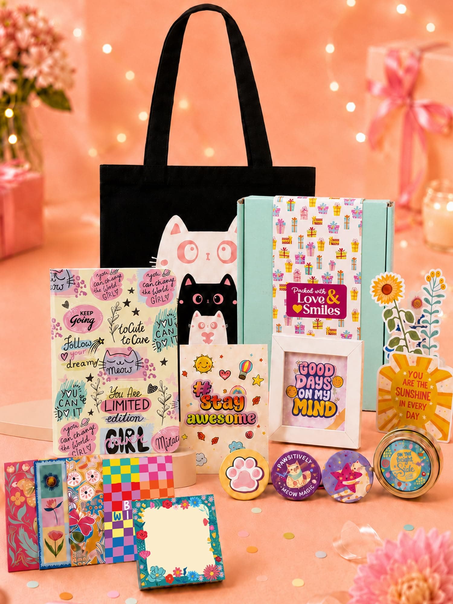 Doodle Magic Moments Gift Hamper for Girls | 16 Cute Goodies with Notebook, Tote Bag, Floral Desk Stand, Stickers, Photo Frame, Scented Candle, Magnets, Key Ring, Pen, Thoughtful Card, Notecards & Chit Pad | Ready-to-Gift Birthday Hamper