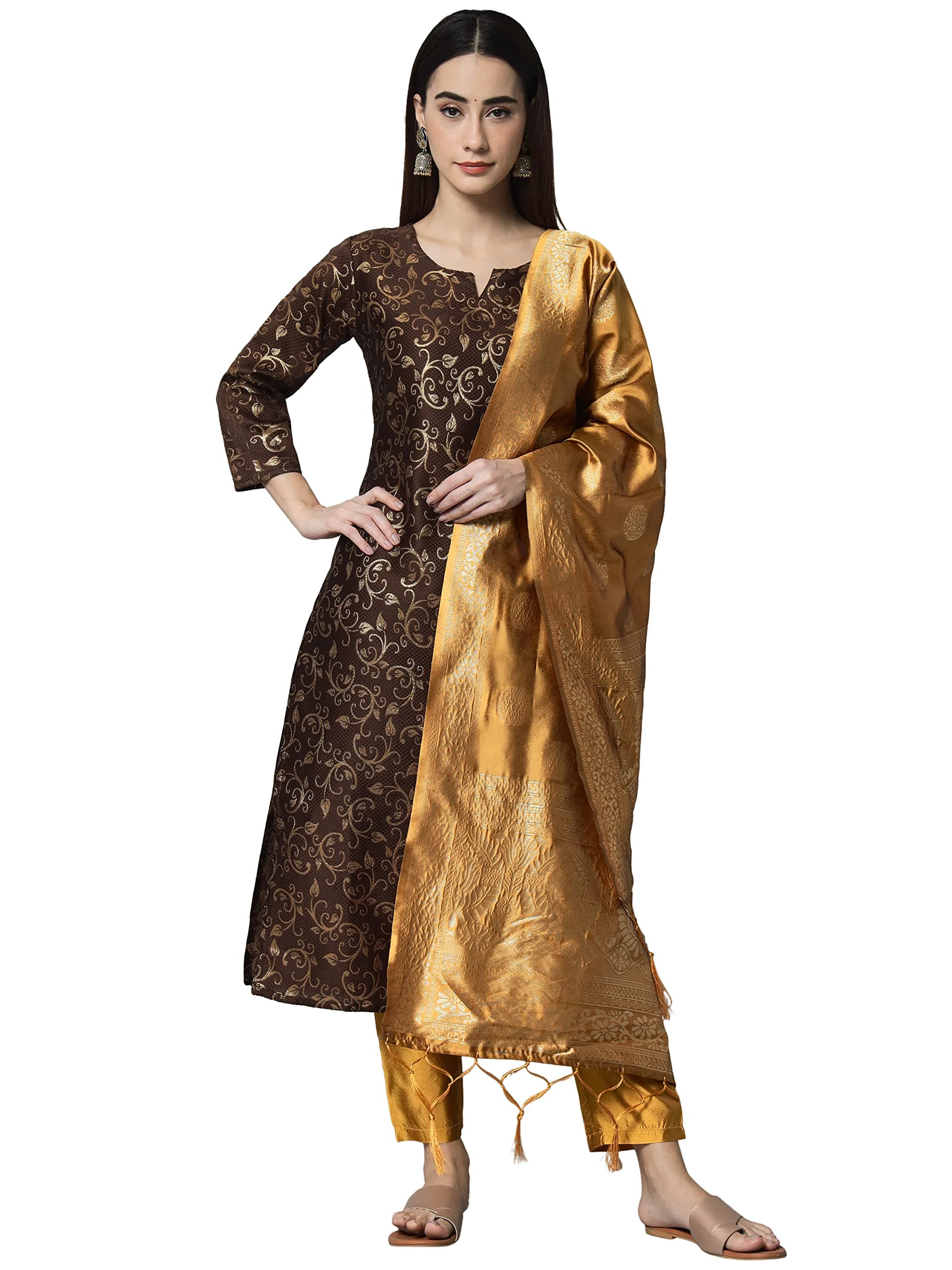VredeVogel Women's Cotton Silk Jacquard Kurta Pant Set with Banarasi Woven Self Designed Dupatta