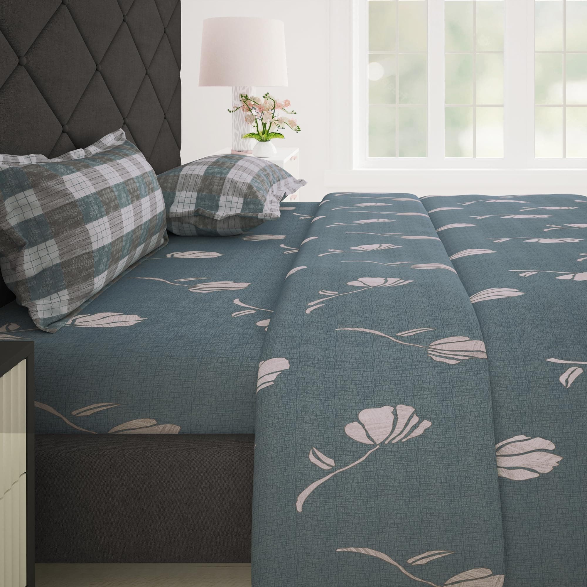 Story@Home Cotton Bedsheet for Double Bed with 2 Pillow Covers 186 TC 225x250 cm, Grey, Floral Queen Size Bed Sheet | Perfect for Home Decor & Ultimate Comfort | Ideal for Gifting