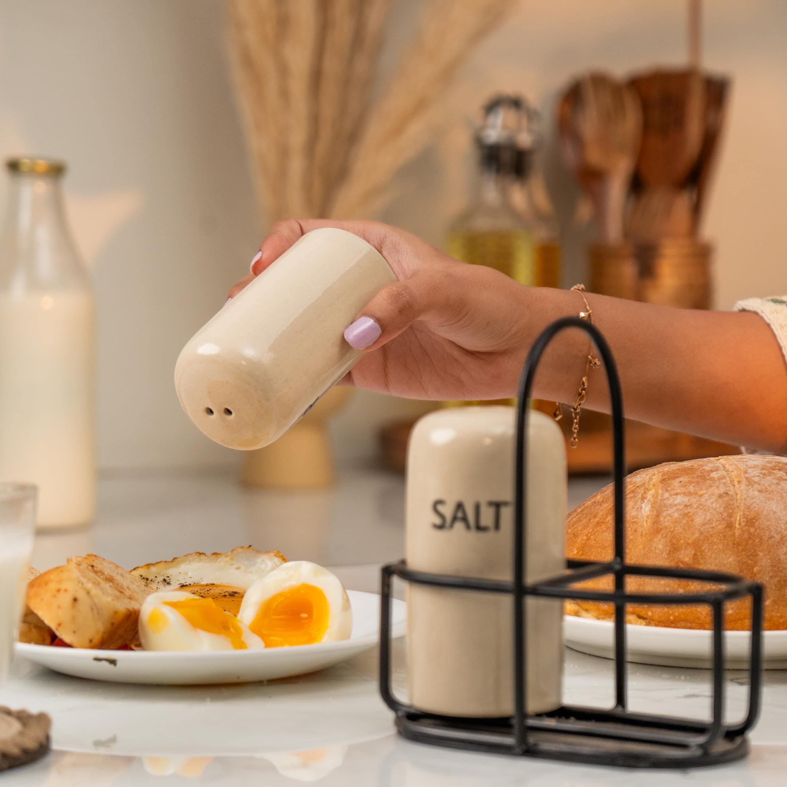 Ireka Homes Ivory & Iron Salt & Pepper Set – Ceramic Shakers with Metal Stand – Minimal Tabletop Essentials for Everyday Dining
