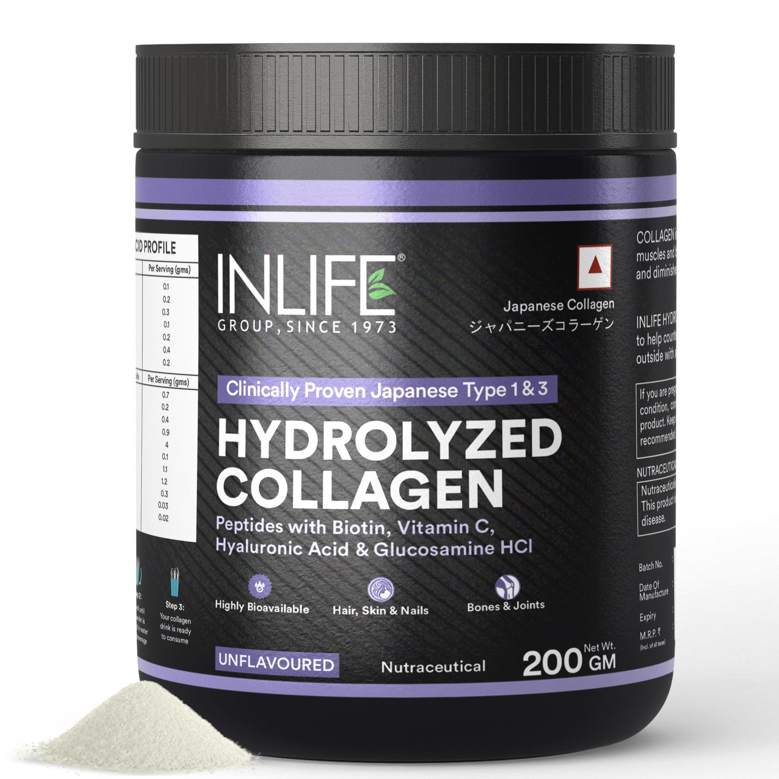 INLIFE Japanese Hydrolyzed Collagen Peptides Powder, Clinically Studied Type 1 & 3, Skin Hair & Joint Health, Unflavoured 200g