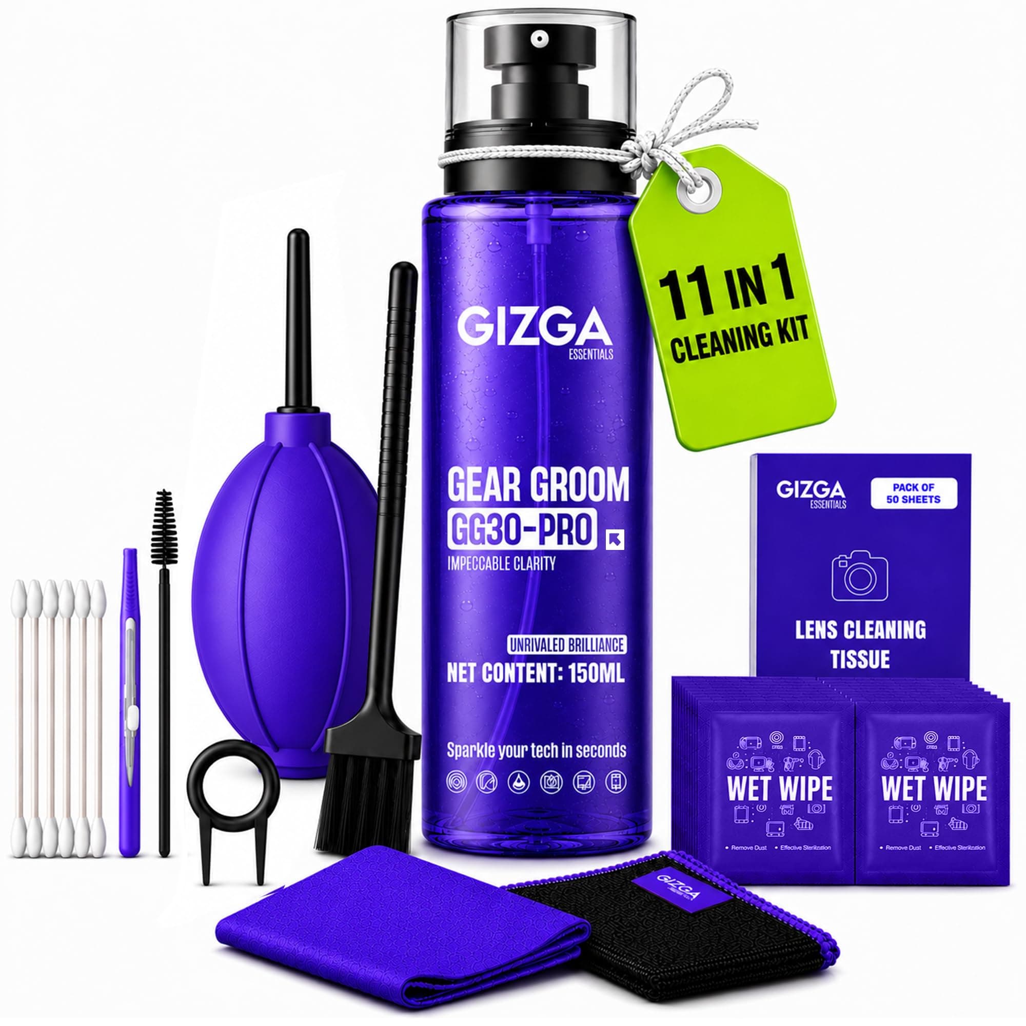 Gizga Essentials 11-in-1 Laptop Cleaning Kit | 150ml Screen Cleaner Spray, Air Blower, Microfiber Cloth, Lens Tissue & Keycap Puller | Camera, DSLR, TV, Keyboard, Eyeglass & Mobile Cleaning Kit