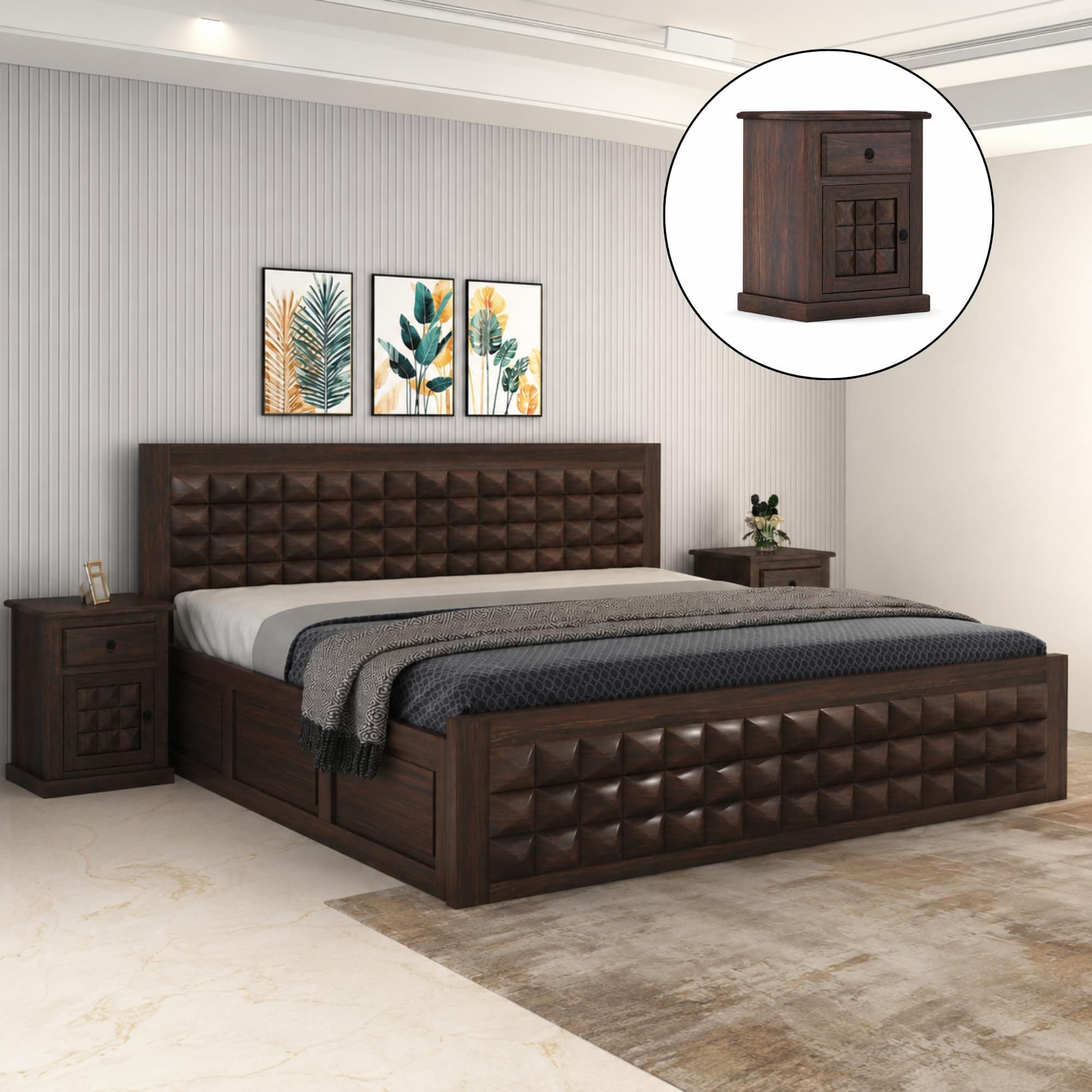 SONA ART & CRAFTS Diamond Solid Sheesham Wood King Size Bed with Storage Box + 2 Side Tables | Wooden King Size Cot Bed | Double Bed with Box - Walnut Finish (Assembly Included)