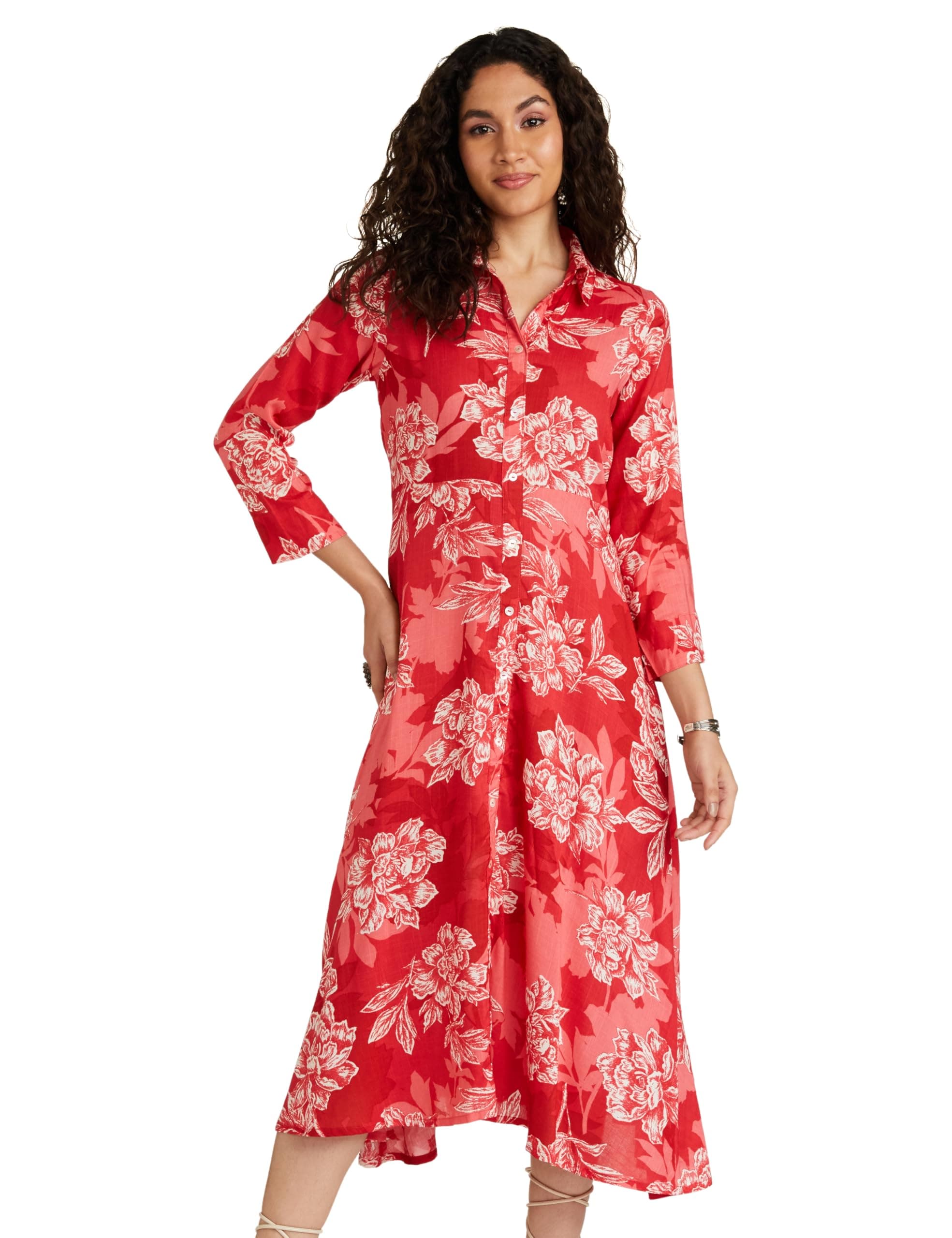 BIBA Women's Below The Knee 3/4 Sleeves Collared Neck Printed Casual Dress