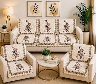 Quilted Floral Sofa Cover Set 5 Seater for Living Room - 3 Seater & 1+1 Seater Sofa Slip Covers for Home - Premium Furniture Protector Panels for Sofa, 10 Pieces