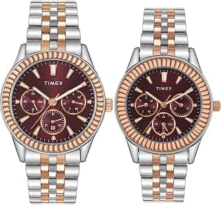 TIMEX Analog Watch for Unisex with Burgundy Round Dial & Multicolor Stainless Steel Bracelet Band Water Resistant Unisex Wrist Watches - TW0PRE003
