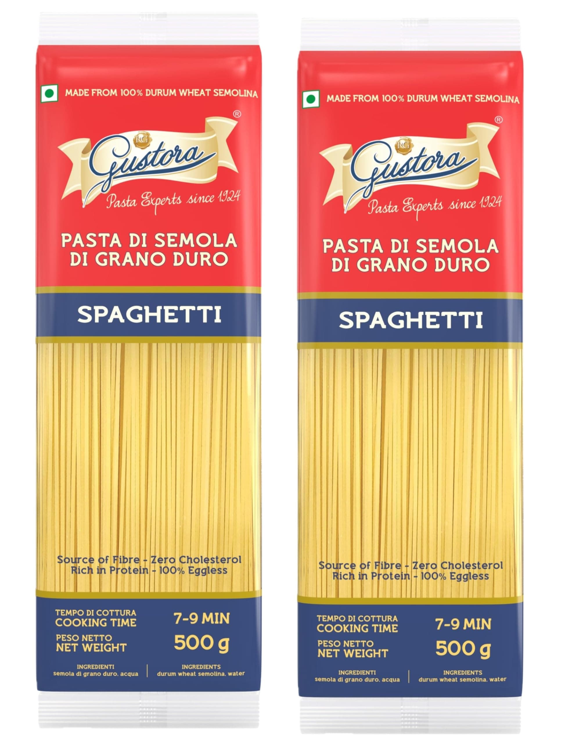 Gustora Spaghetti Pasta Combo, 1 KG I Italian Spaghetti Pasta Combo Set I Made of Durum Wheat Semolina I Vegetarian I Tasty & Healthy I No Trans-fat I Rich in Protein I Cooking Time 10 Min (500gX2)
