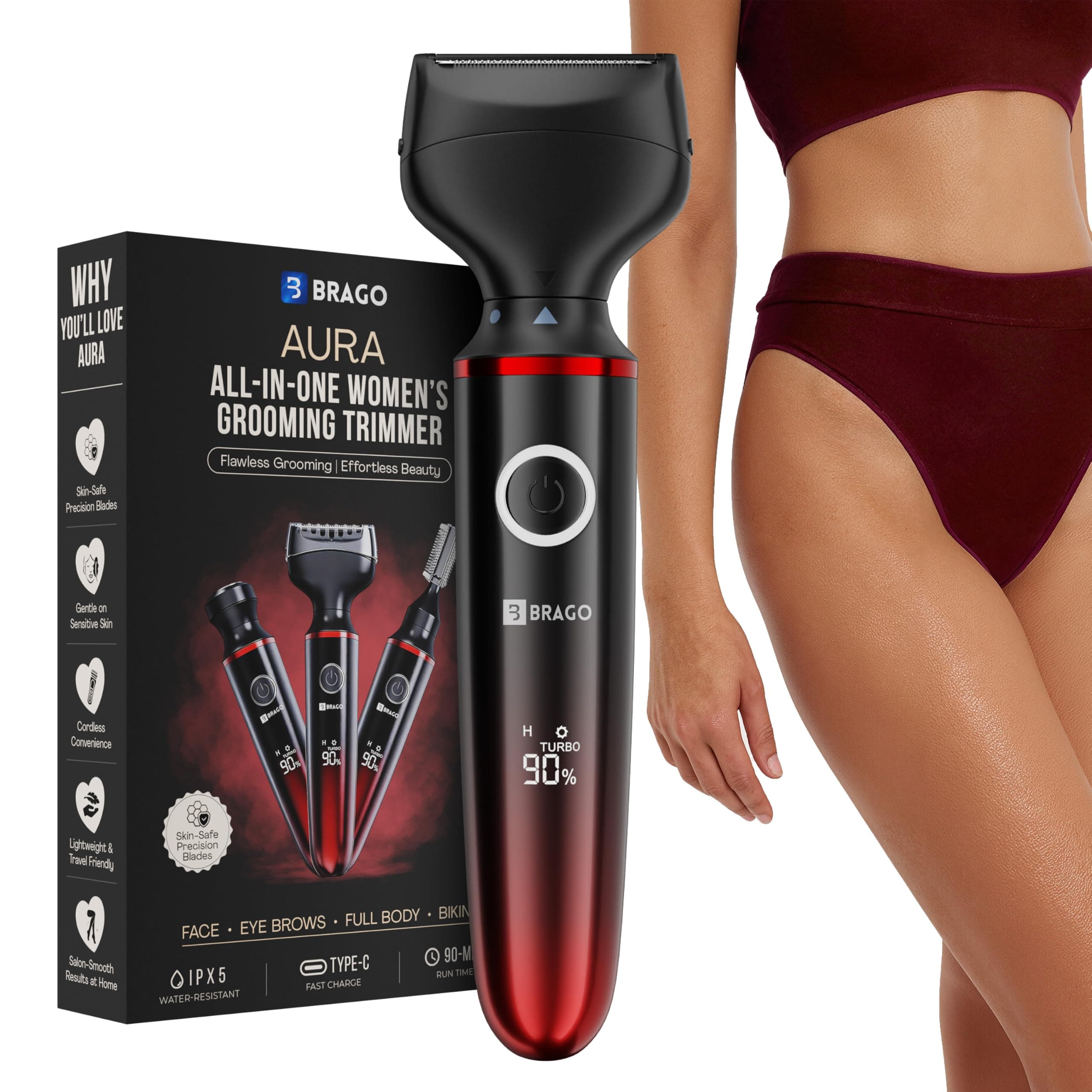Brago Aura All-in-One Trimmer for Women | Face, Body & Bikini | Painless Hair Remover for Women | Eyebrow, Upper Lip, Underarm & Leg Trimmer | 3 Grooming Heads | LCD Display | Type-C Fast Charging | Waterproof