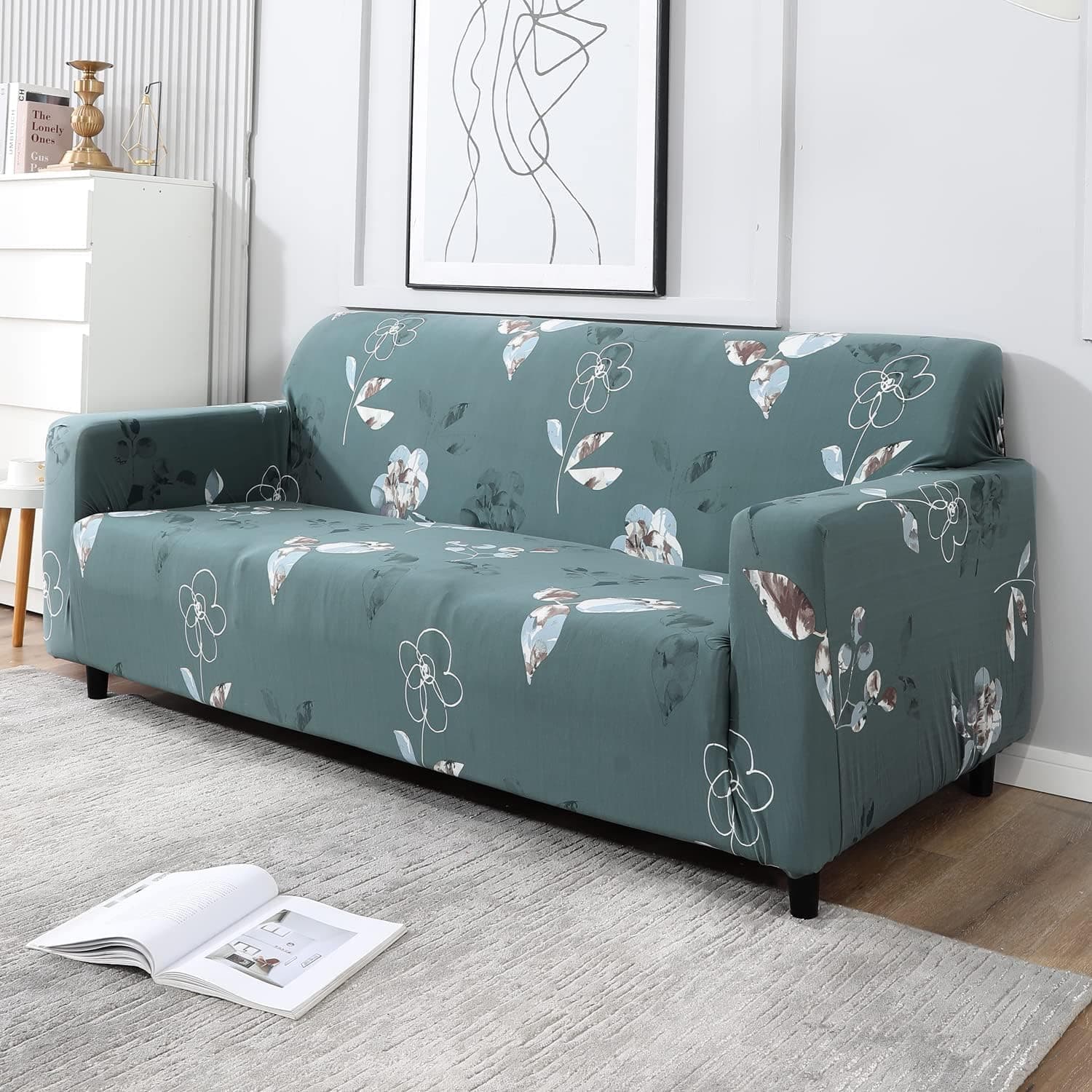 HOKIPO Elastic 3 Seater Sofa Cover Stretchable Slipcover, Smokey Grey Floral (NEW-AR-4095-D16)
