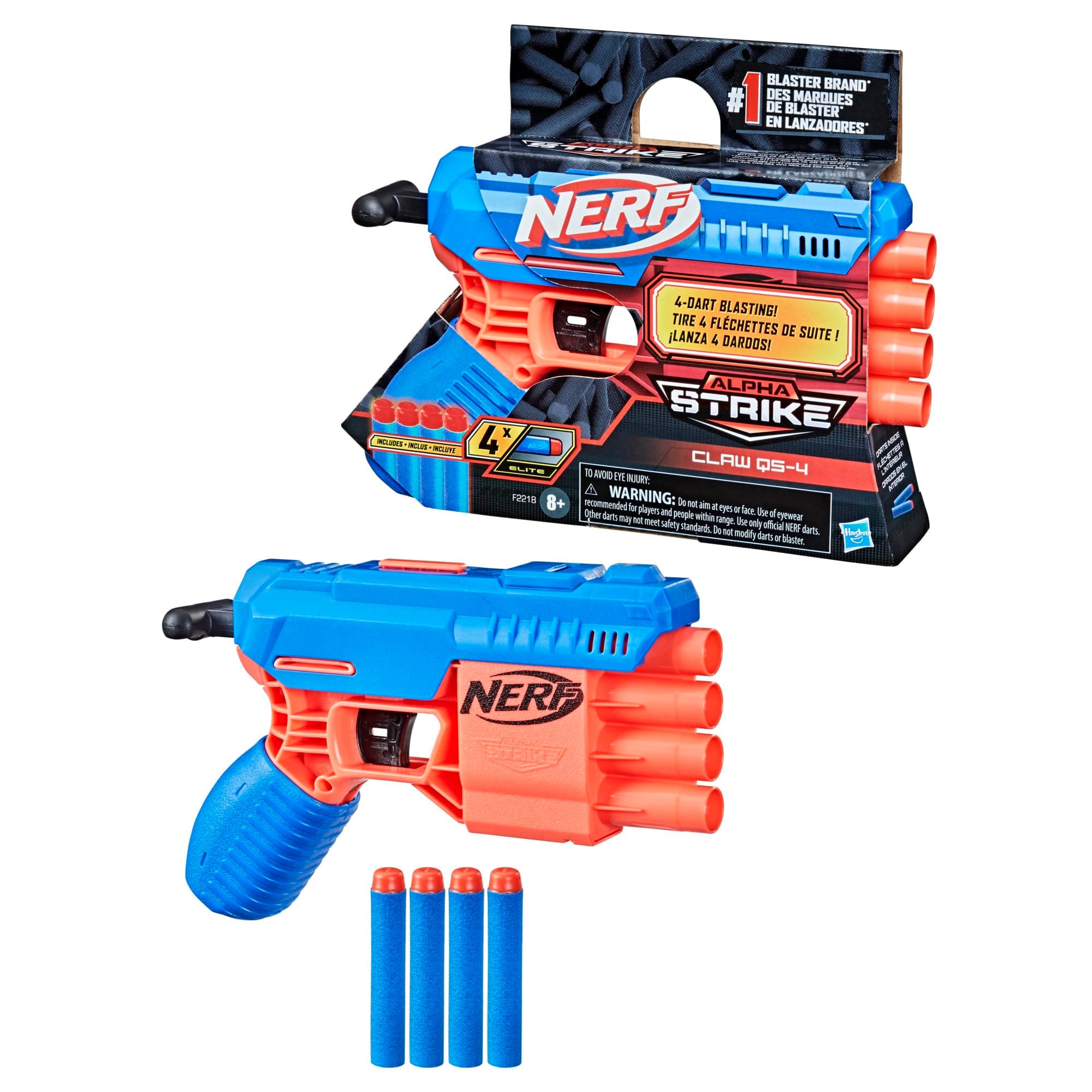Nerf Alpha Strike Claw Qs-4 Blaster 4 Official Nerf Elite Foam Darts, Ages 8 and up, Multicolor, Birthday Gift for Kids