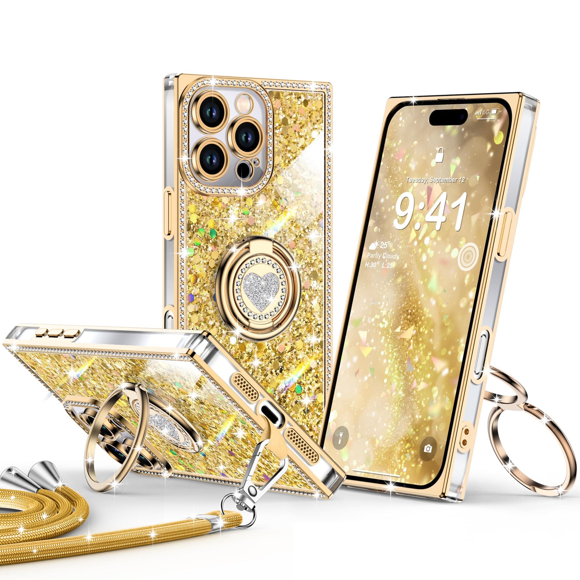 XYZ for iPhone 16 Pro Back Cover Case, Glitter Bling Phone Cover with 2-Ring Heart Stand & Lanyard, Women Girls Luxury Rhinestone Shockproof Protective Case for iPhone 16 Pro, Gold