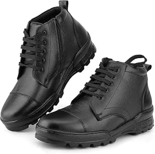 FOR-B Police Boot Shoes for Mens Black Genuine Leather Durable Zip/Chain Boots for Men (Commander)