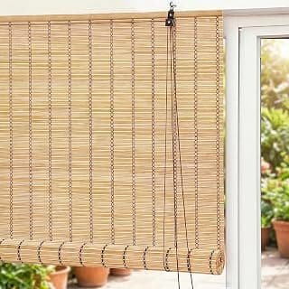 Story@Home Bamboo Curtains for Outdoor W 3 ft x H 5 ft | Rope Mechanism Roll Up Down Bamboo Shade for Sunlight Dust Protection Window Chick Blinds for Balcony Restaurant Hotel Dhaba - Beige & White