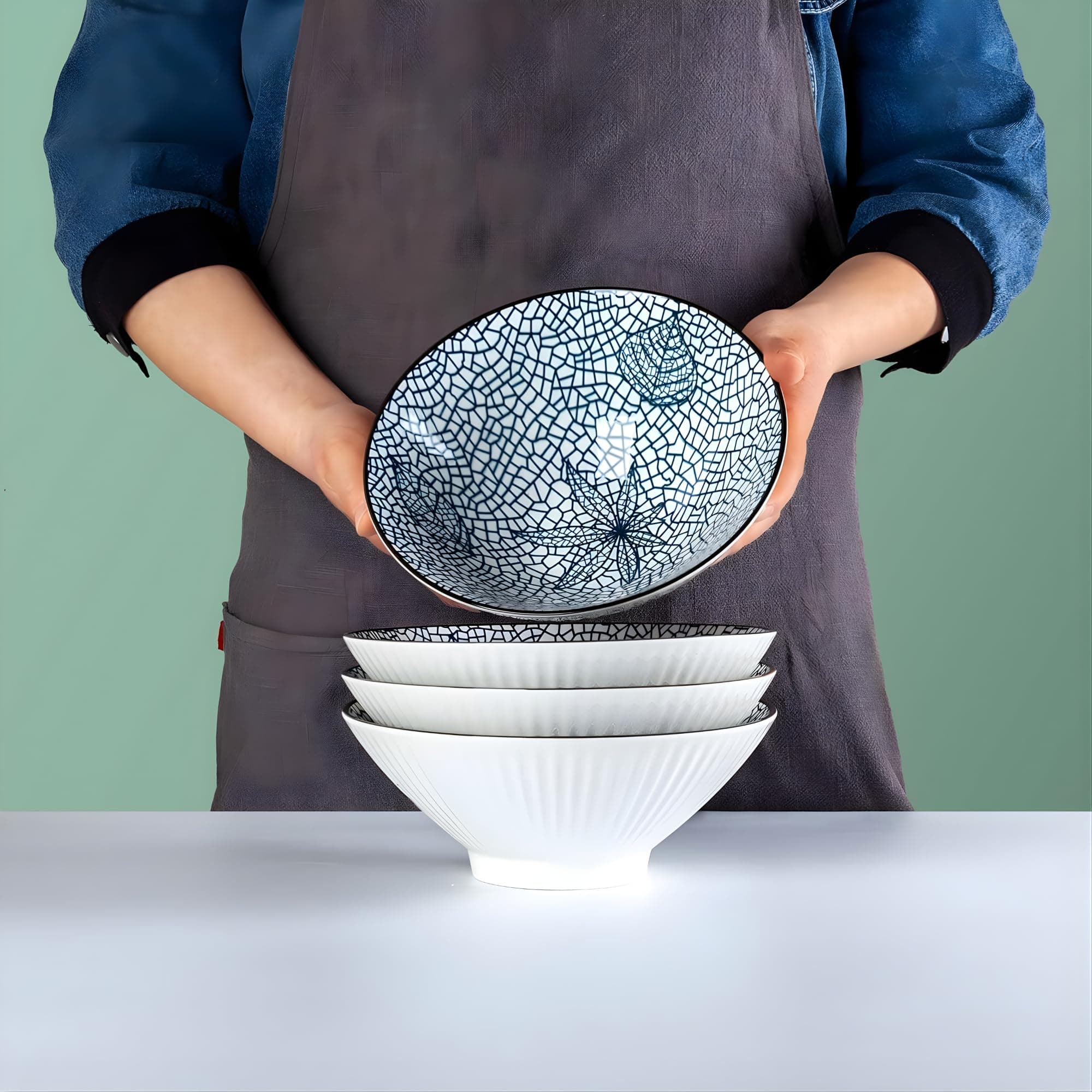 OLWICK Japanese-Style Ceramic Bowls, 4-Piece Set, Handcrafted Blue Pattern, Microwave & Dishwasher Safe, Perfect for Rice, Soup, Snacks & Desserts (Autumn)