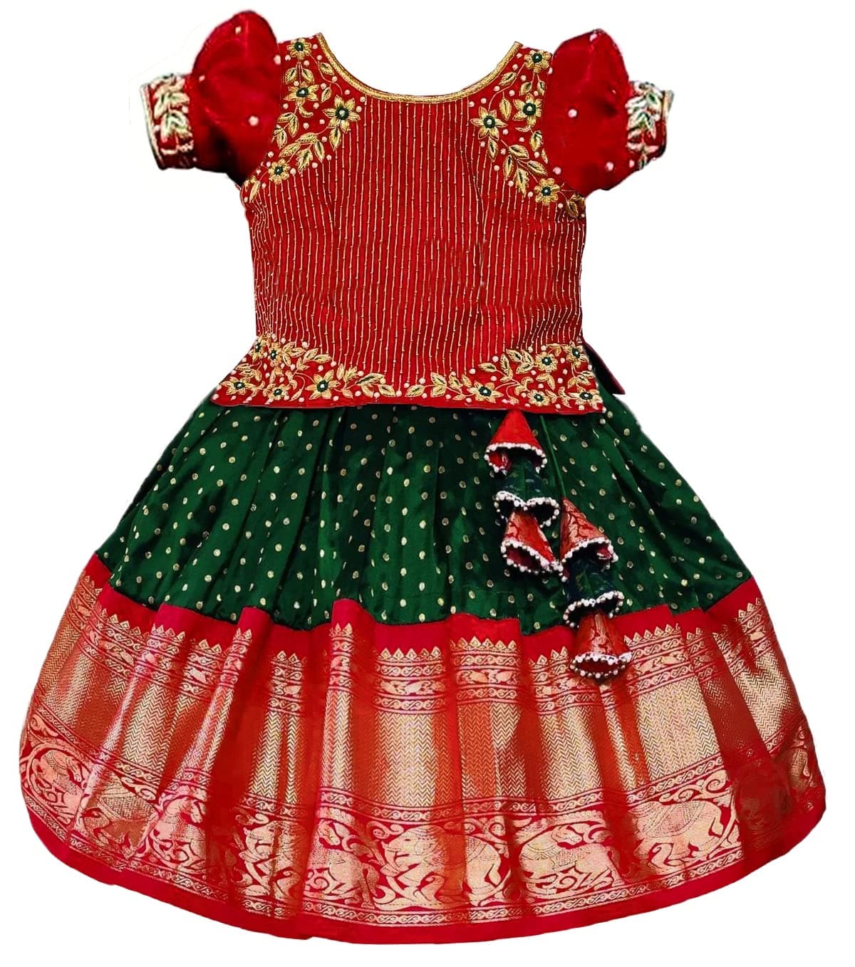 Wihte Button Readymade Baby Girl Jacquard Lehenga Choli | Elegant South Indian Pattu Pavadai Style