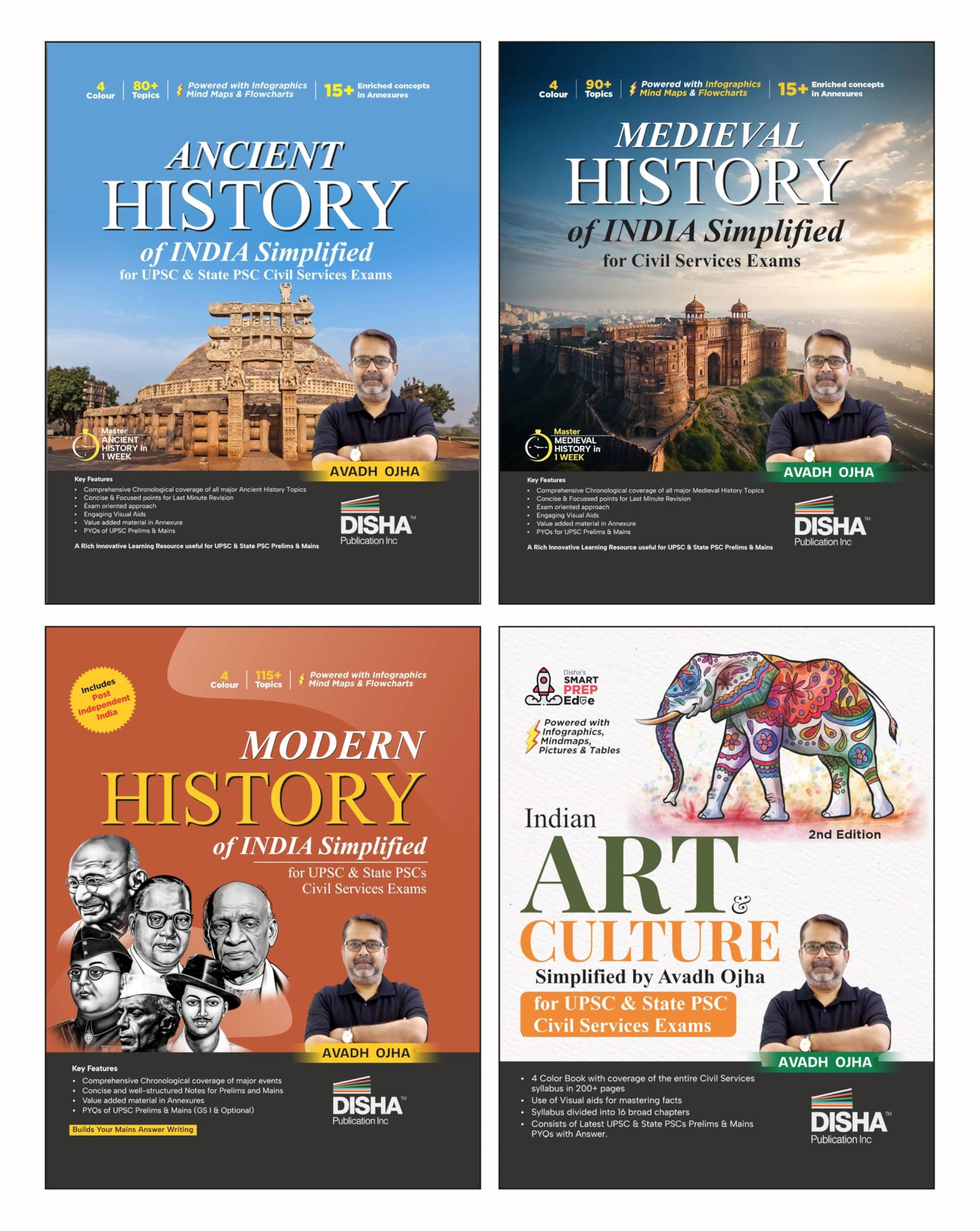 Disha Combo (set of 4 Books) Ancient, Medieval, Modern History of India, Art & Culture Simplified by Avadh Ojha for UPSC & State PSC Civil Services Prelims & Mains | 4 color